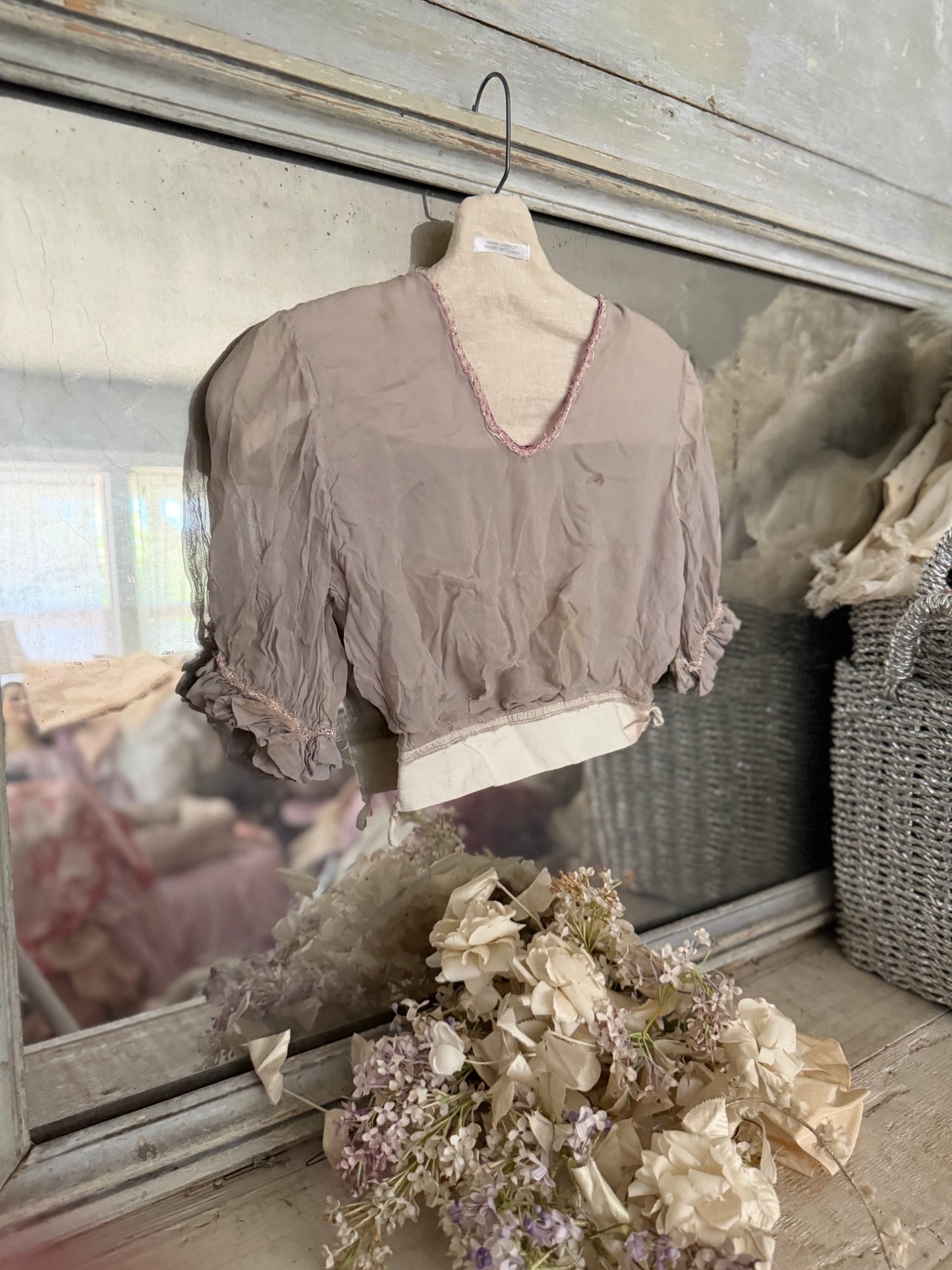 Antique Girls Grey Silk Pink Beaded Bodice