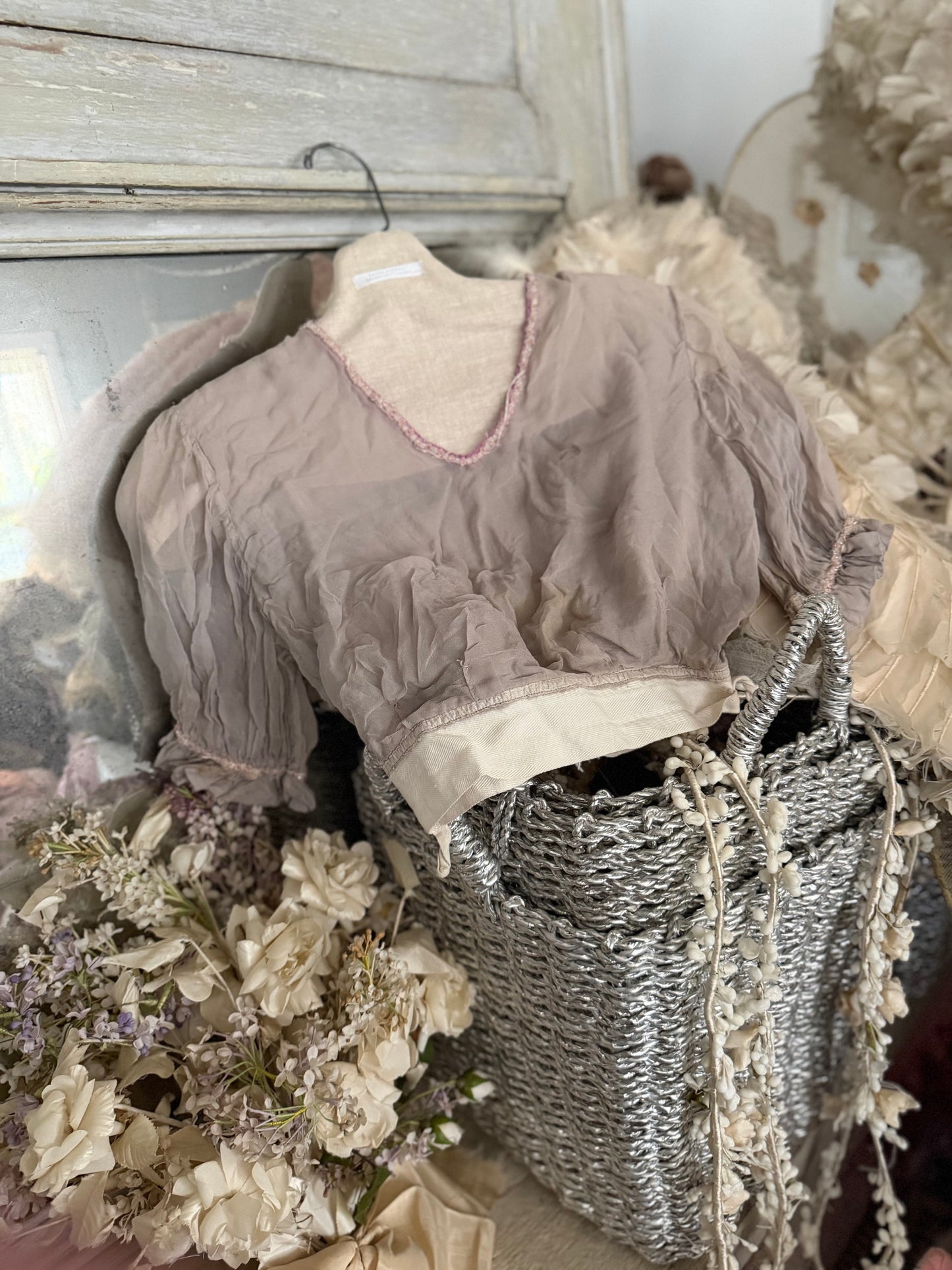 Antique Girls Grey Silk Pink Beaded Bodice