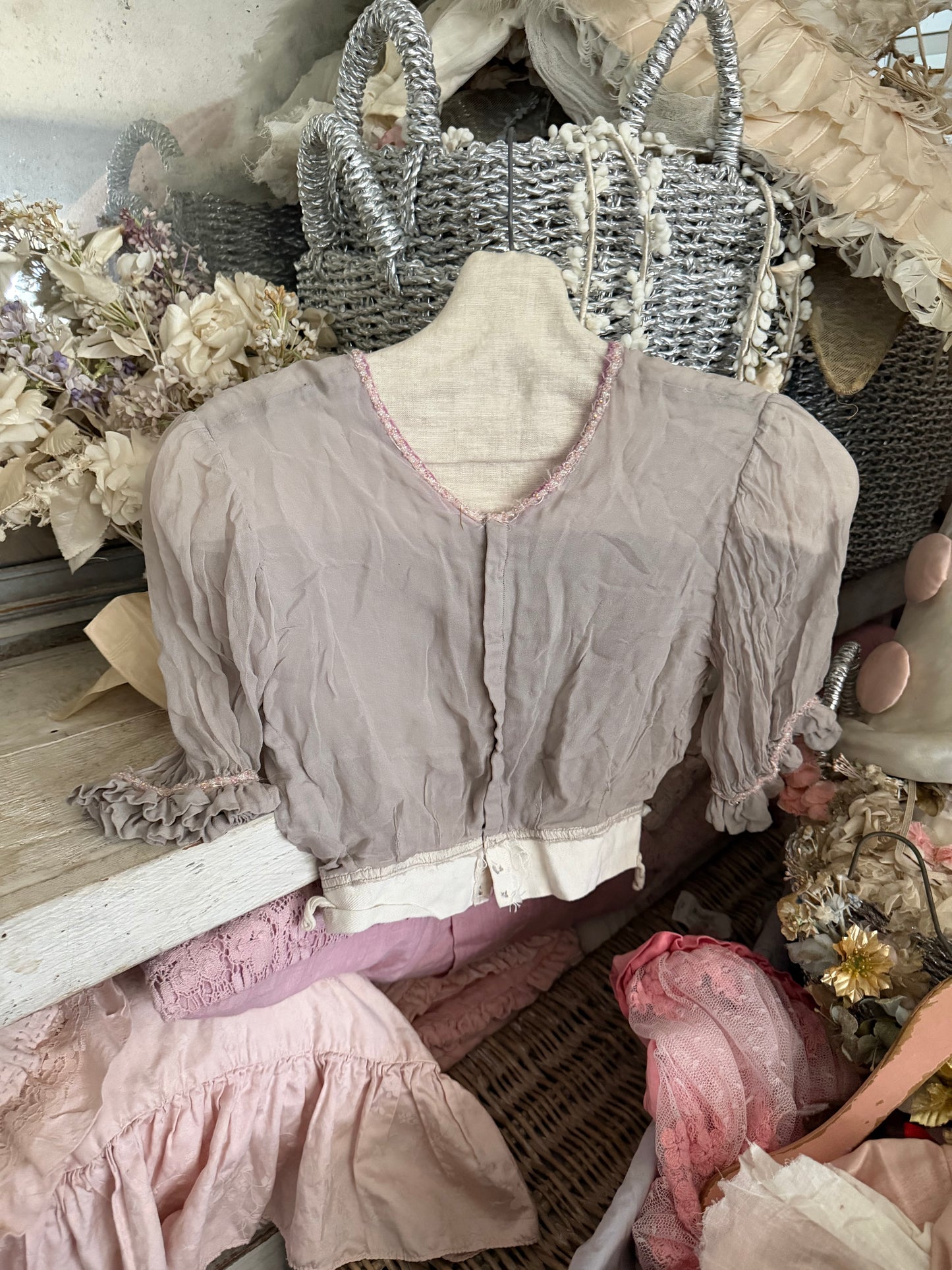 Antique Girls Grey Silk Pink Beaded Bodice
