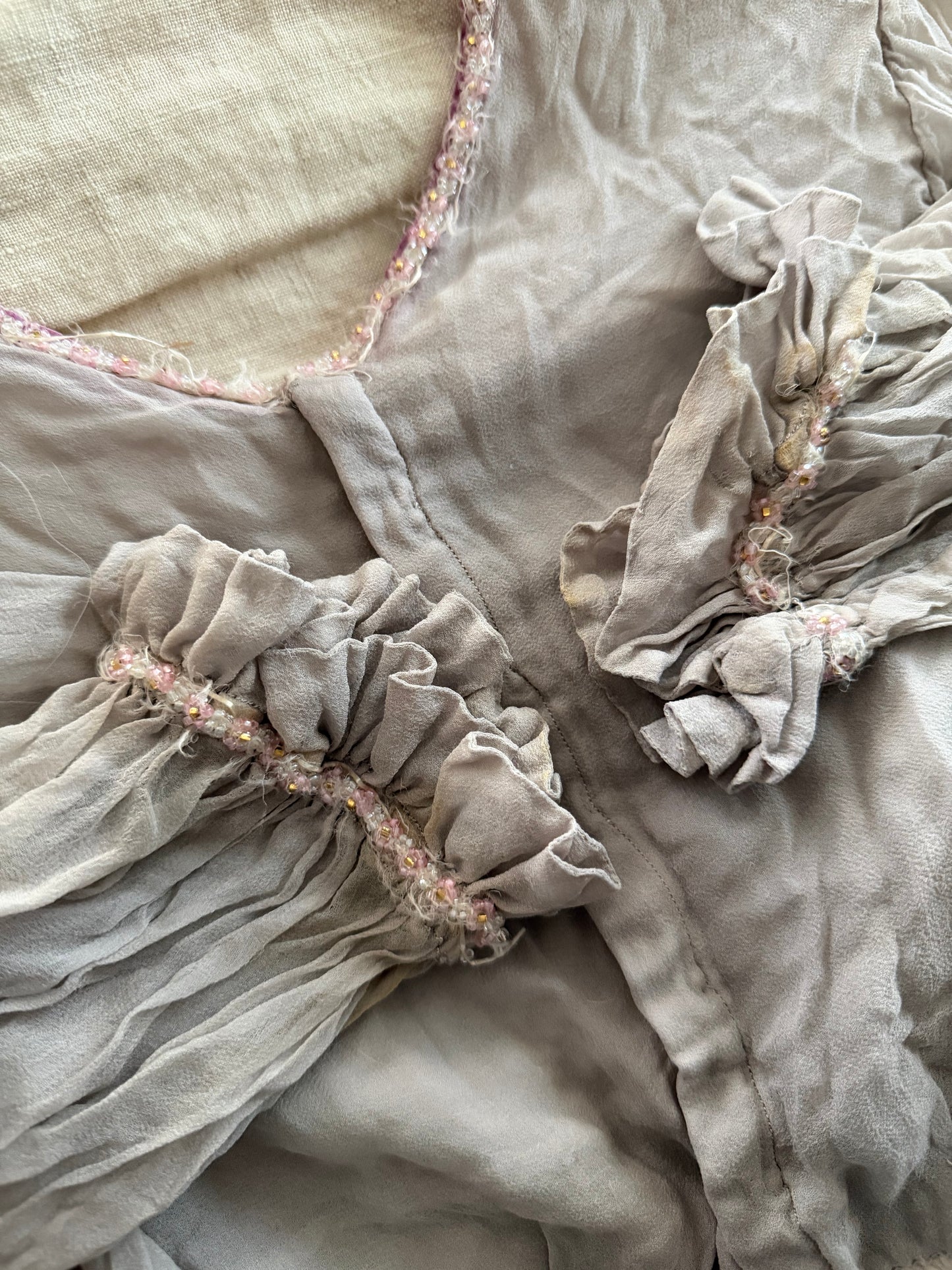 Antique Girls Grey Silk Pink Beaded Bodice