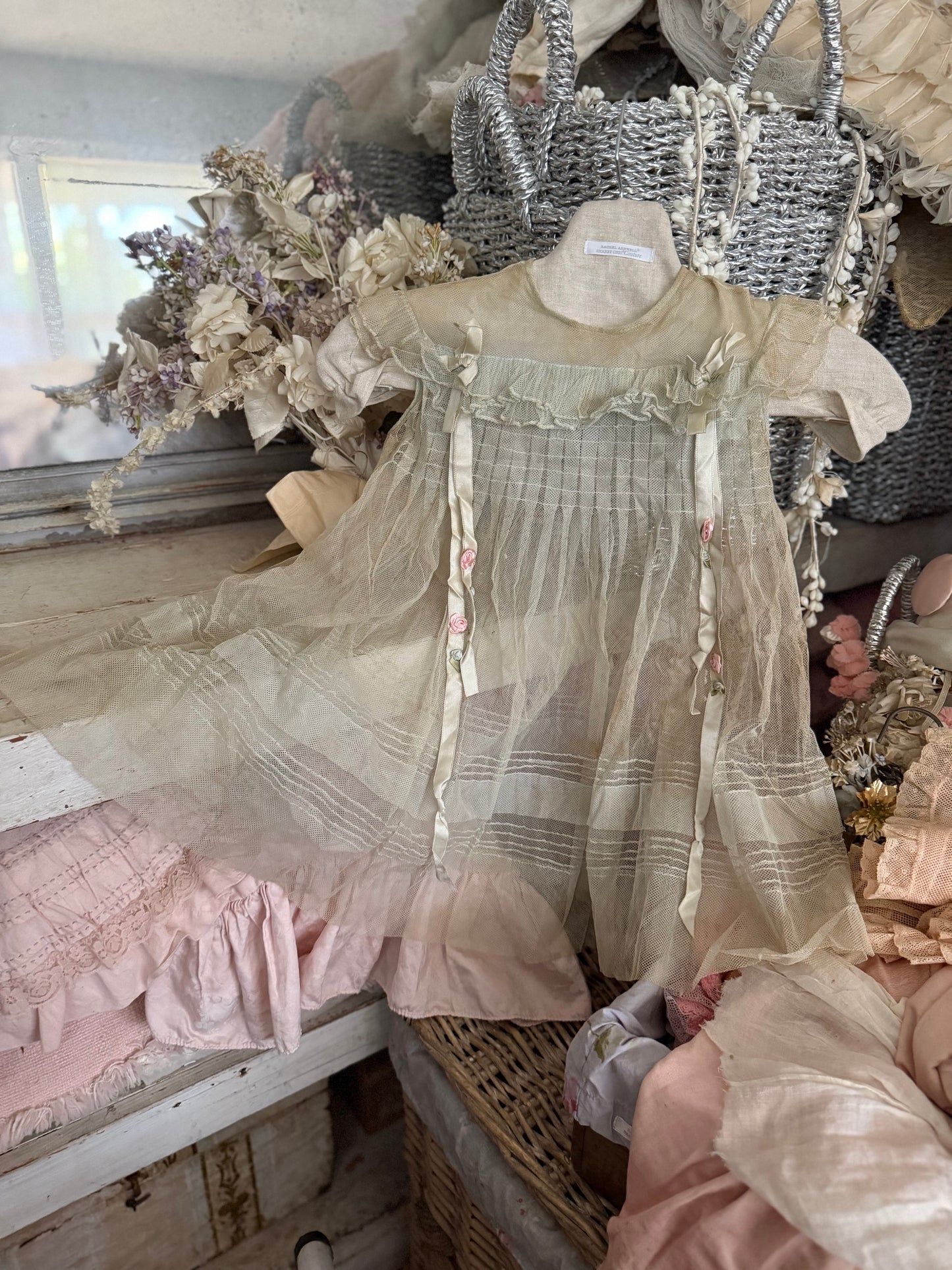 Antique Girls Blue Lace Ribbonwork Dress