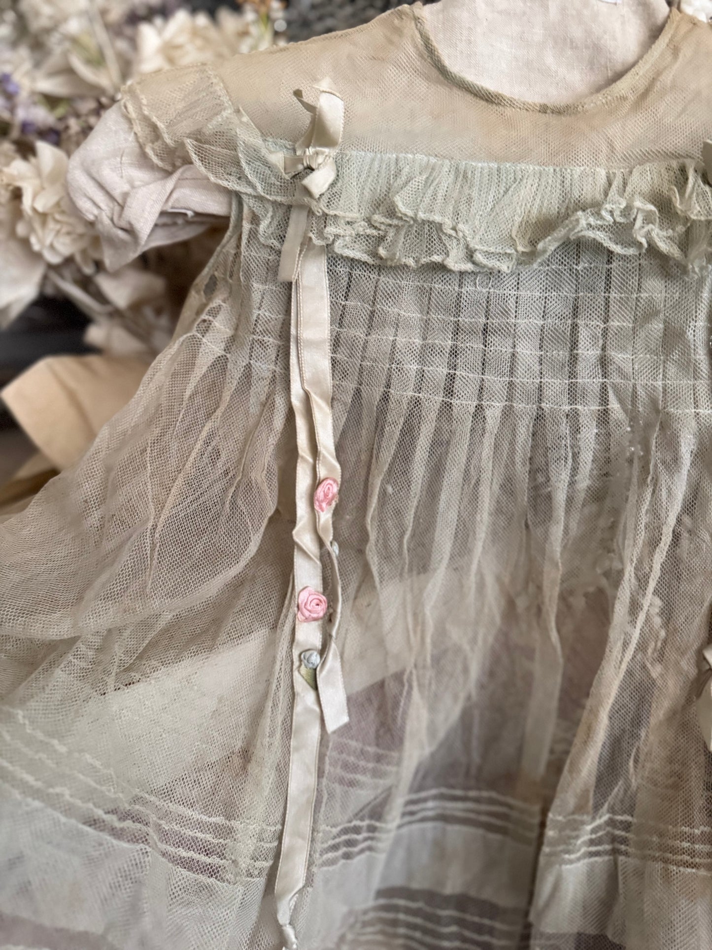 Antique Girls Blue Lace Ribbonwork Dress