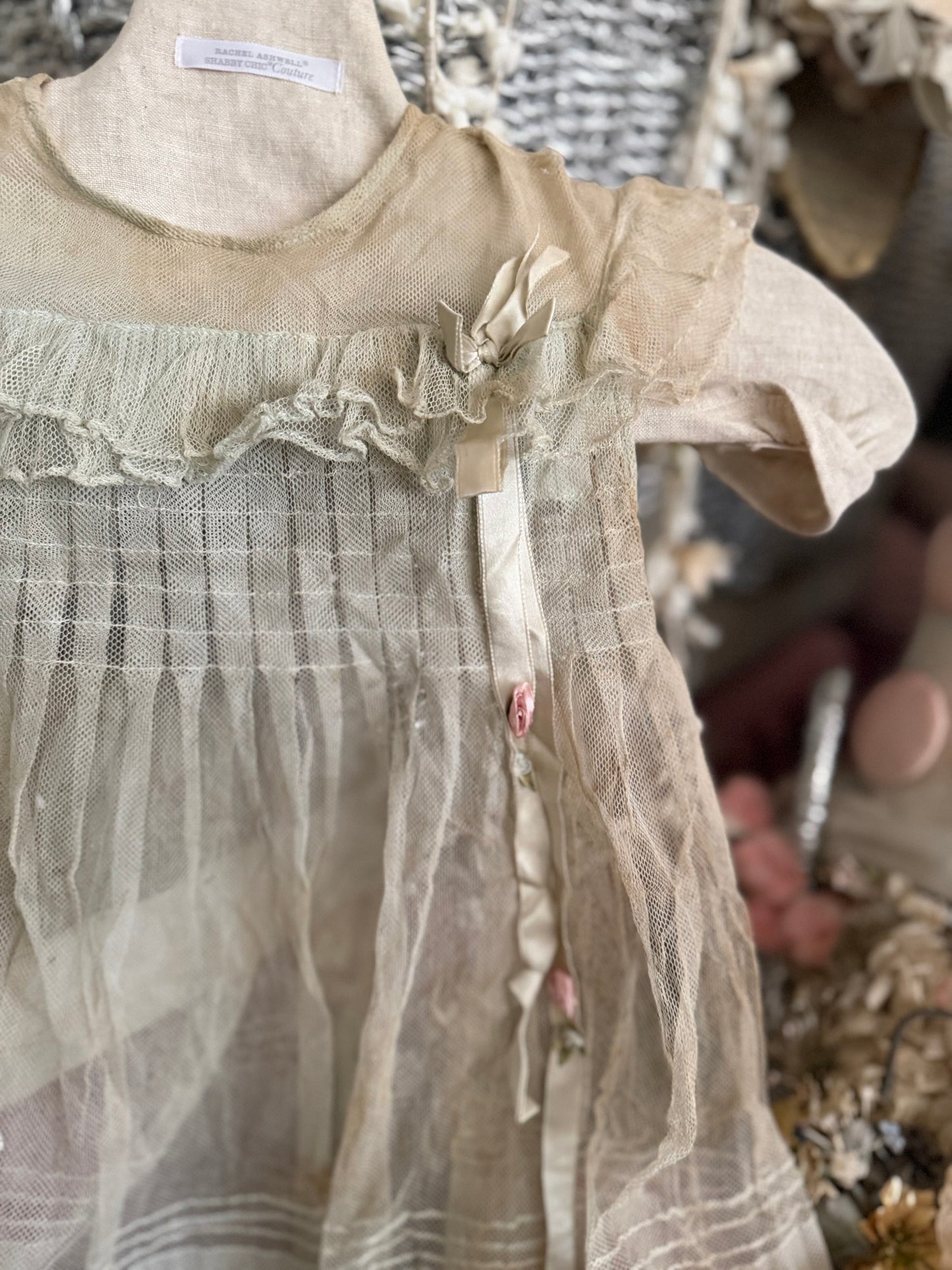 Antique Girls Blue Lace Ribbonwork Dress