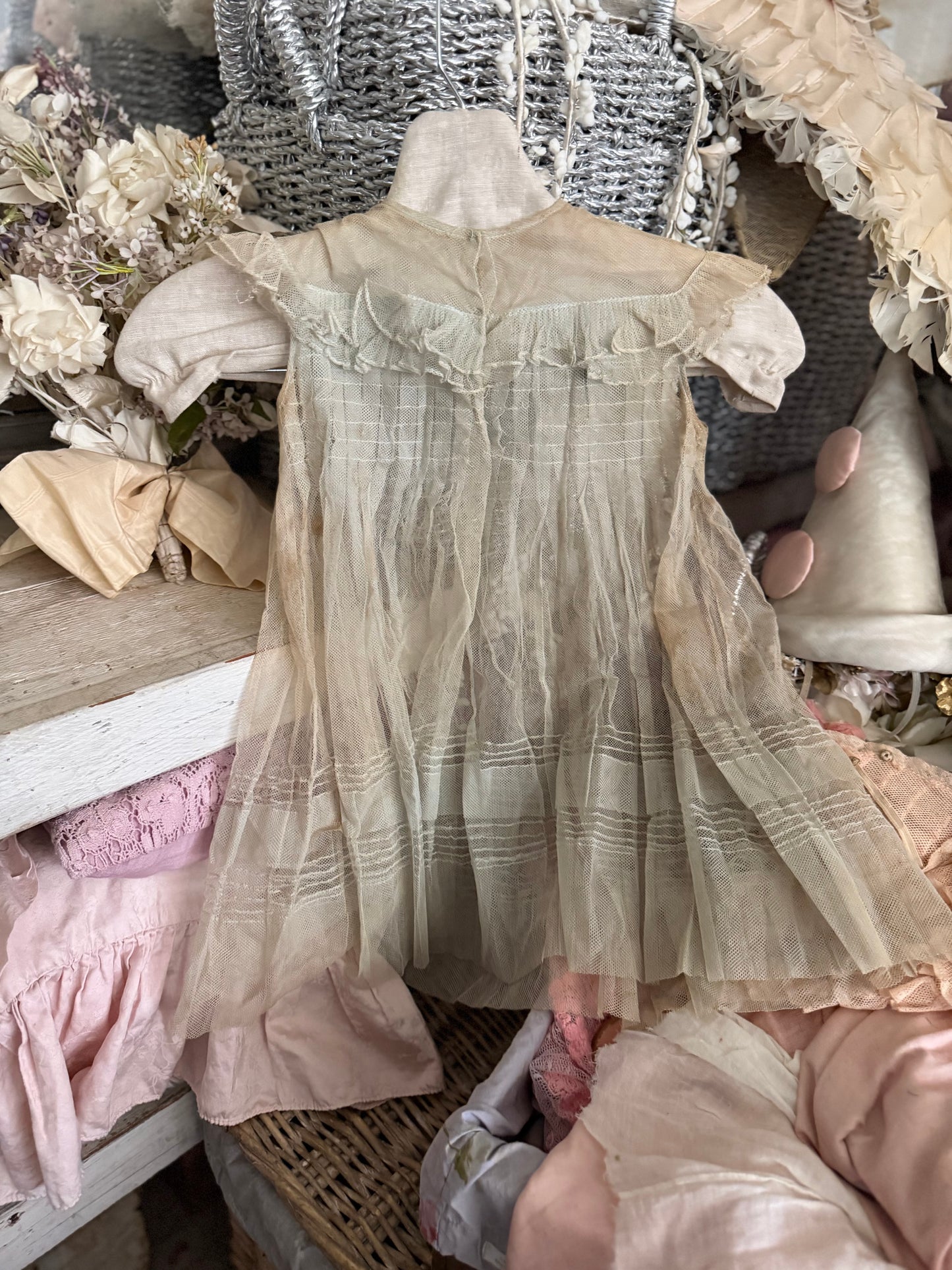 Antique Girls Blue Lace Ribbonwork Dress