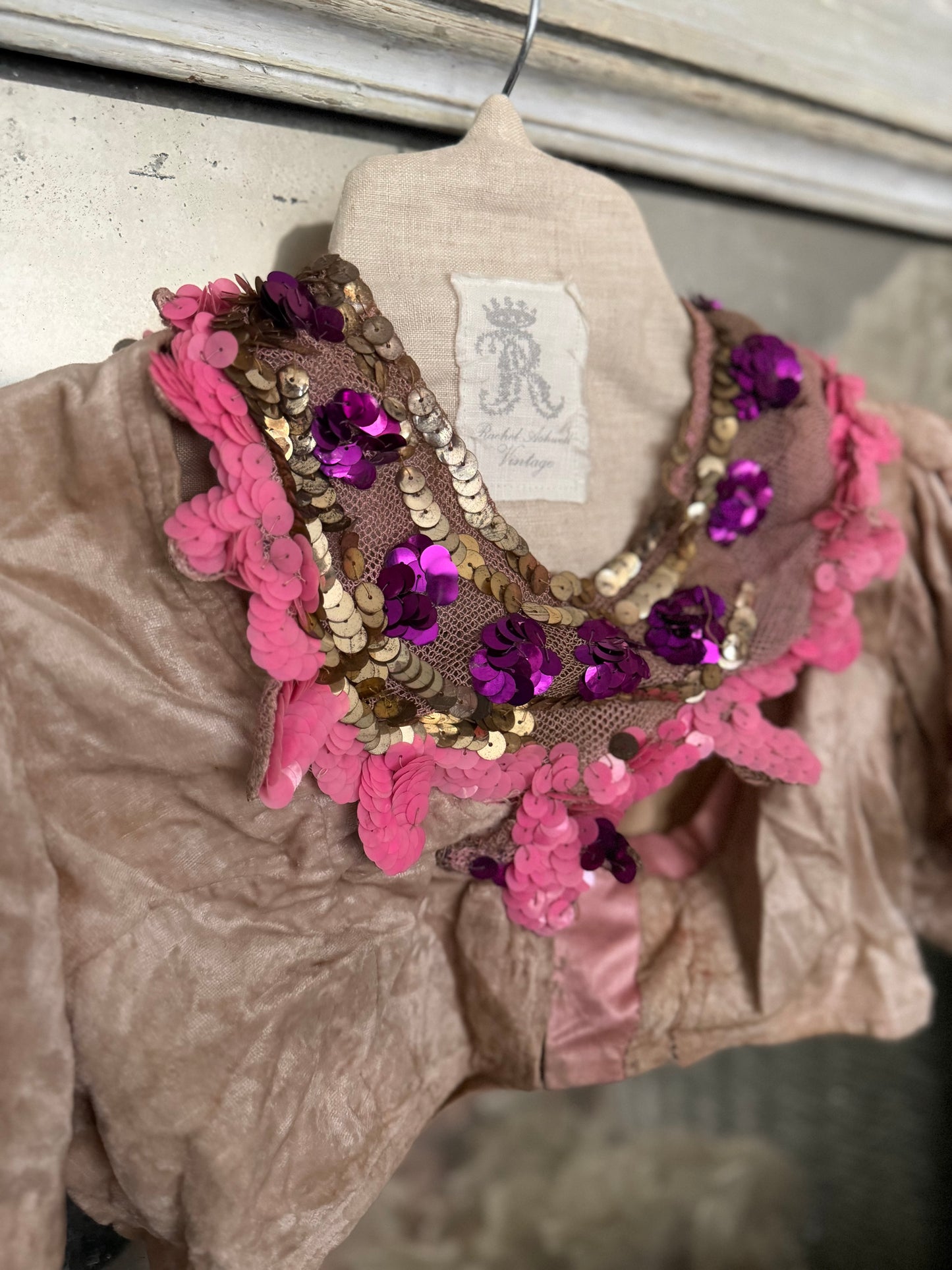 Antique Pink Velvet Sequin Collar French Theatre Costume Bodice