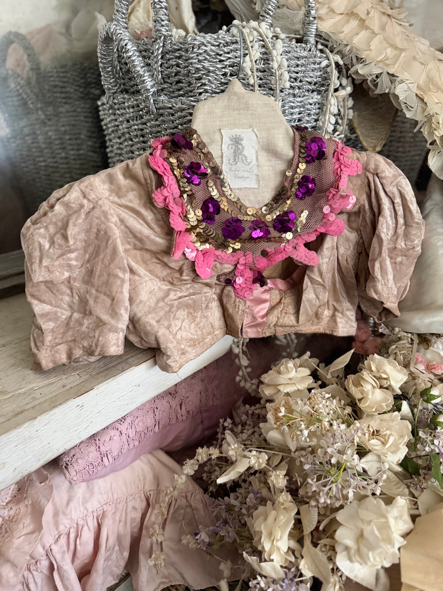 Antique Pink Velvet Sequin Collar French Theatre Costume Bodice