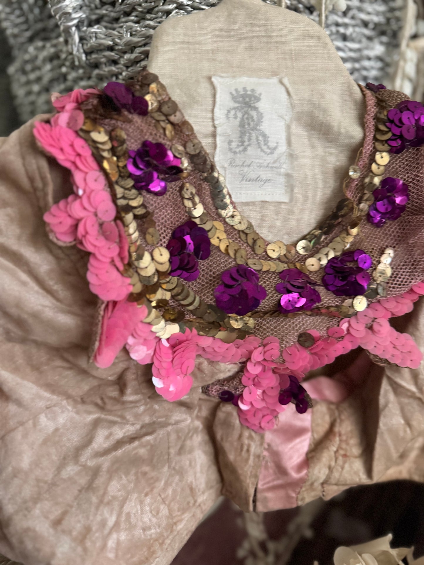 Antique Pink Velvet Sequin Collar French Theatre Costume Bodice