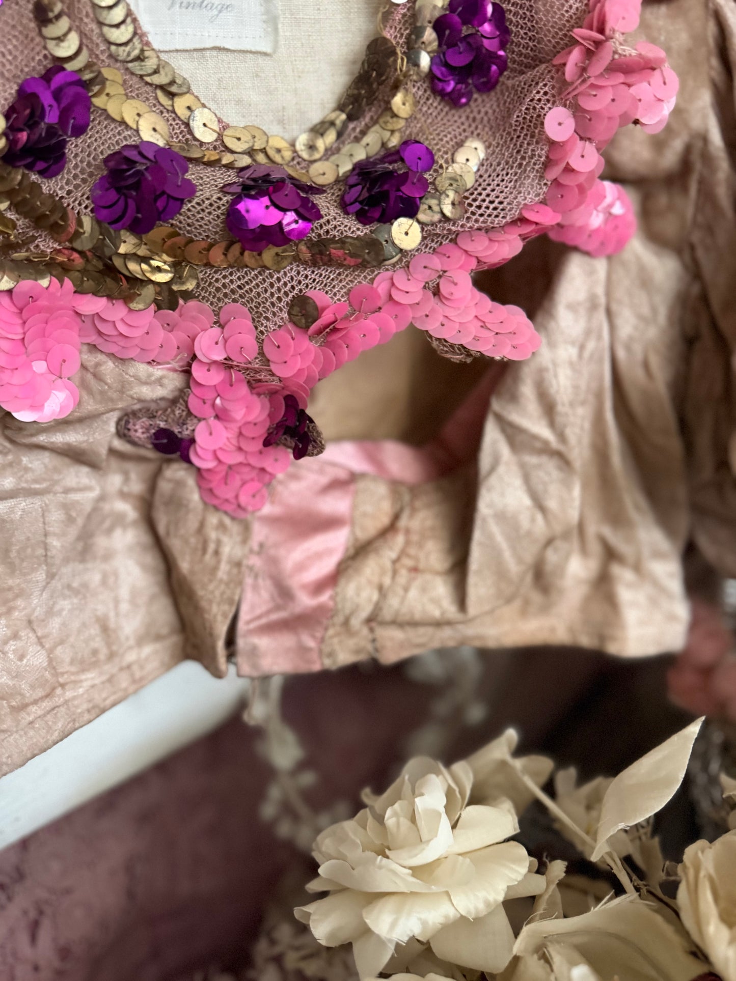 Antique Pink Velvet Sequin Collar French Theatre Costume Bodice