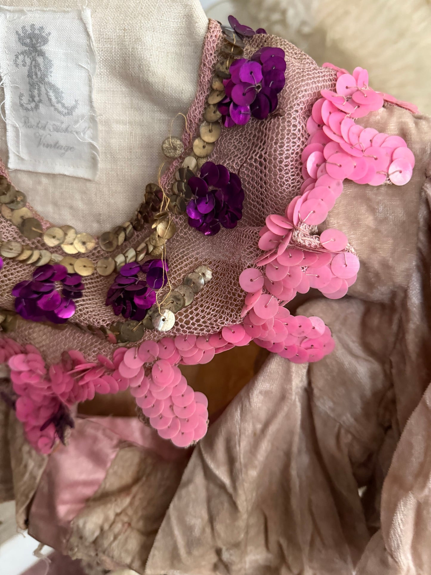 Antique Pink Velvet Sequin Collar French Theatre Costume Bodice