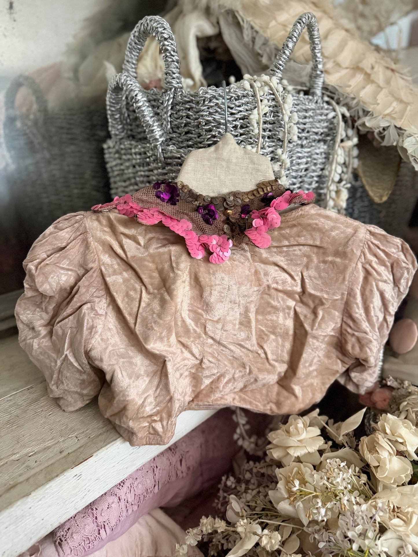 Antique Pink Velvet Sequin Collar French Theatre Costume Bodice