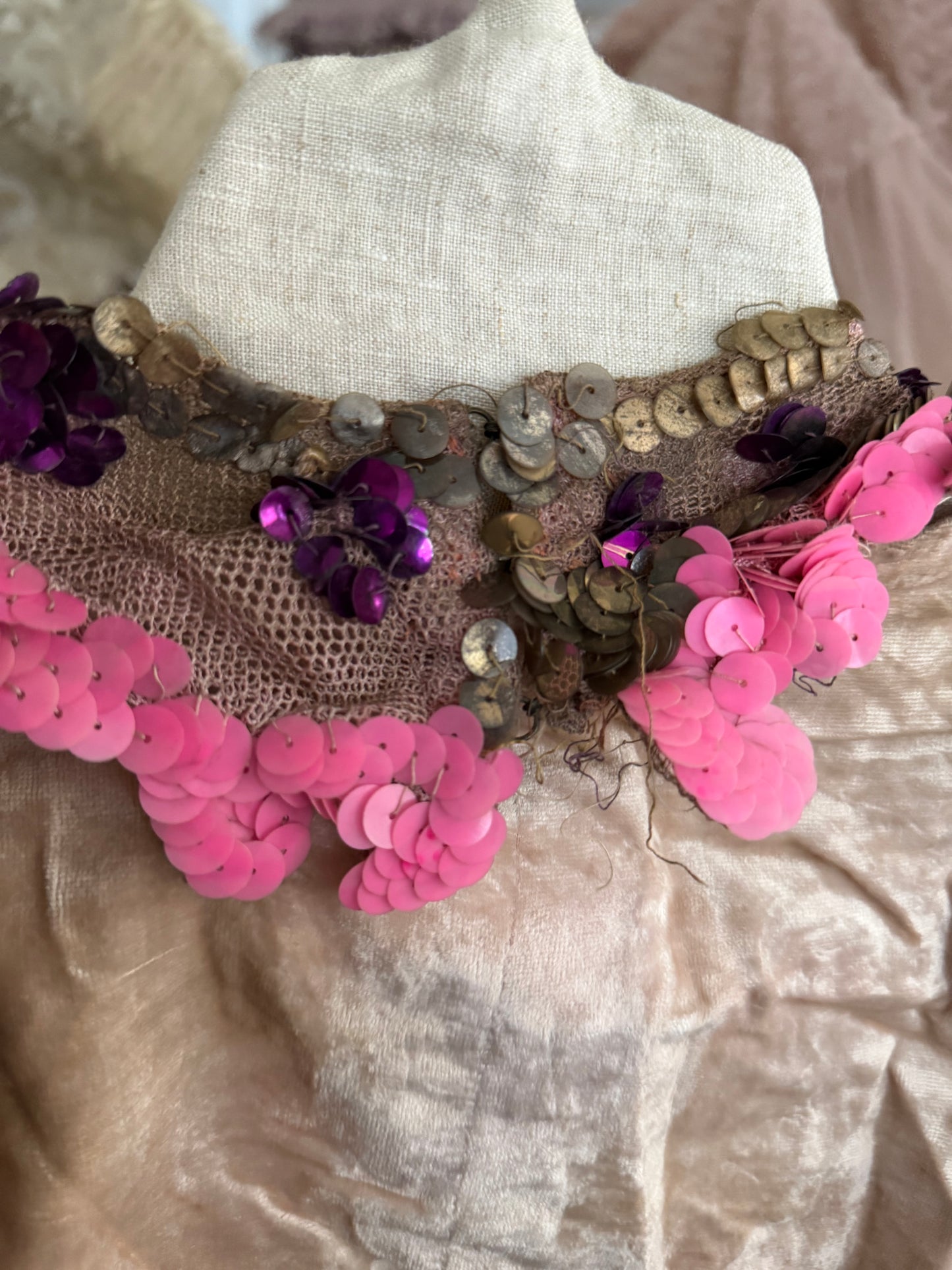 Antique Pink Velvet Sequin Collar French Theatre Costume Bodice