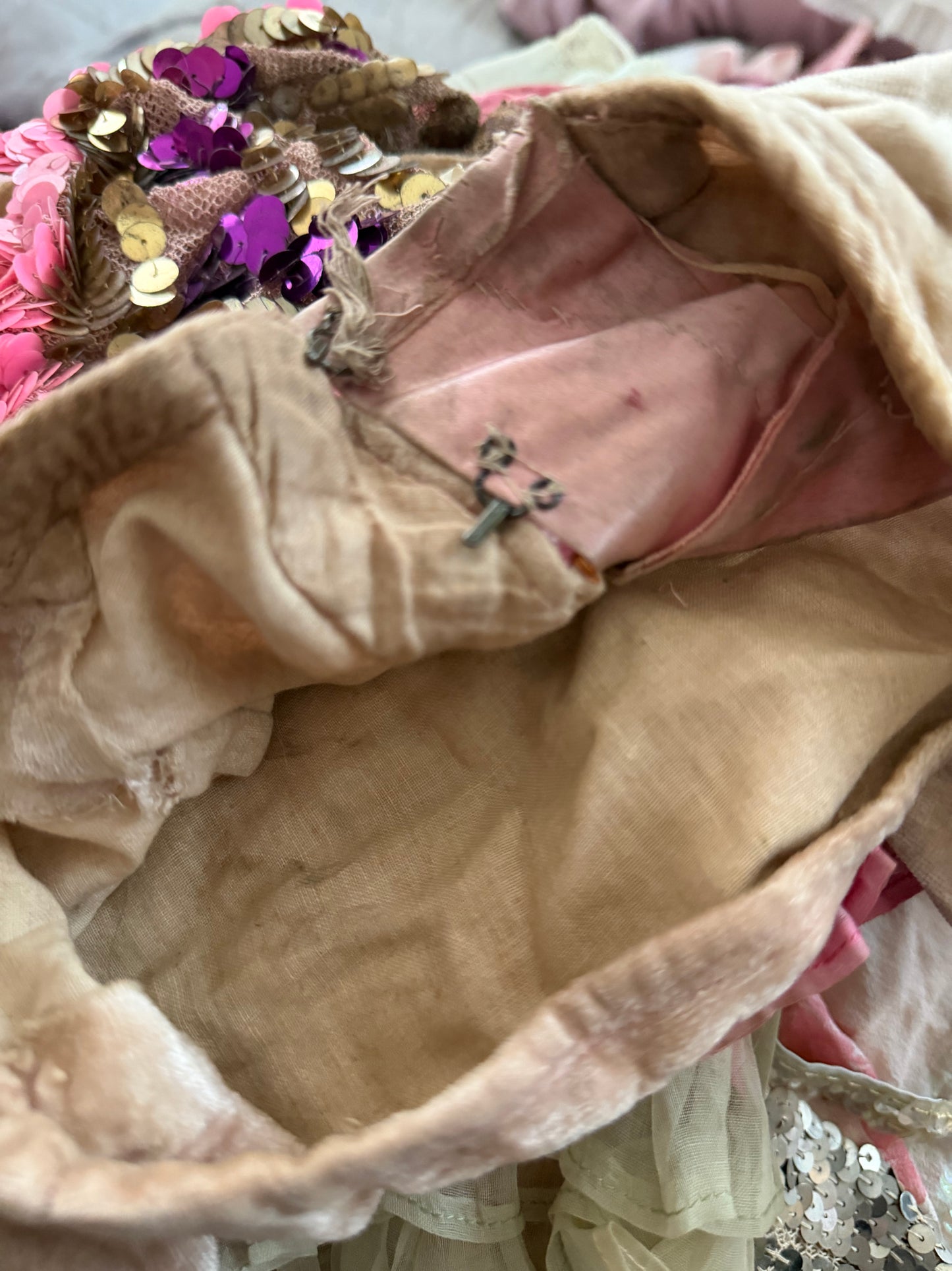 Antique Pink Velvet Sequin Collar French Theatre Costume Bodice