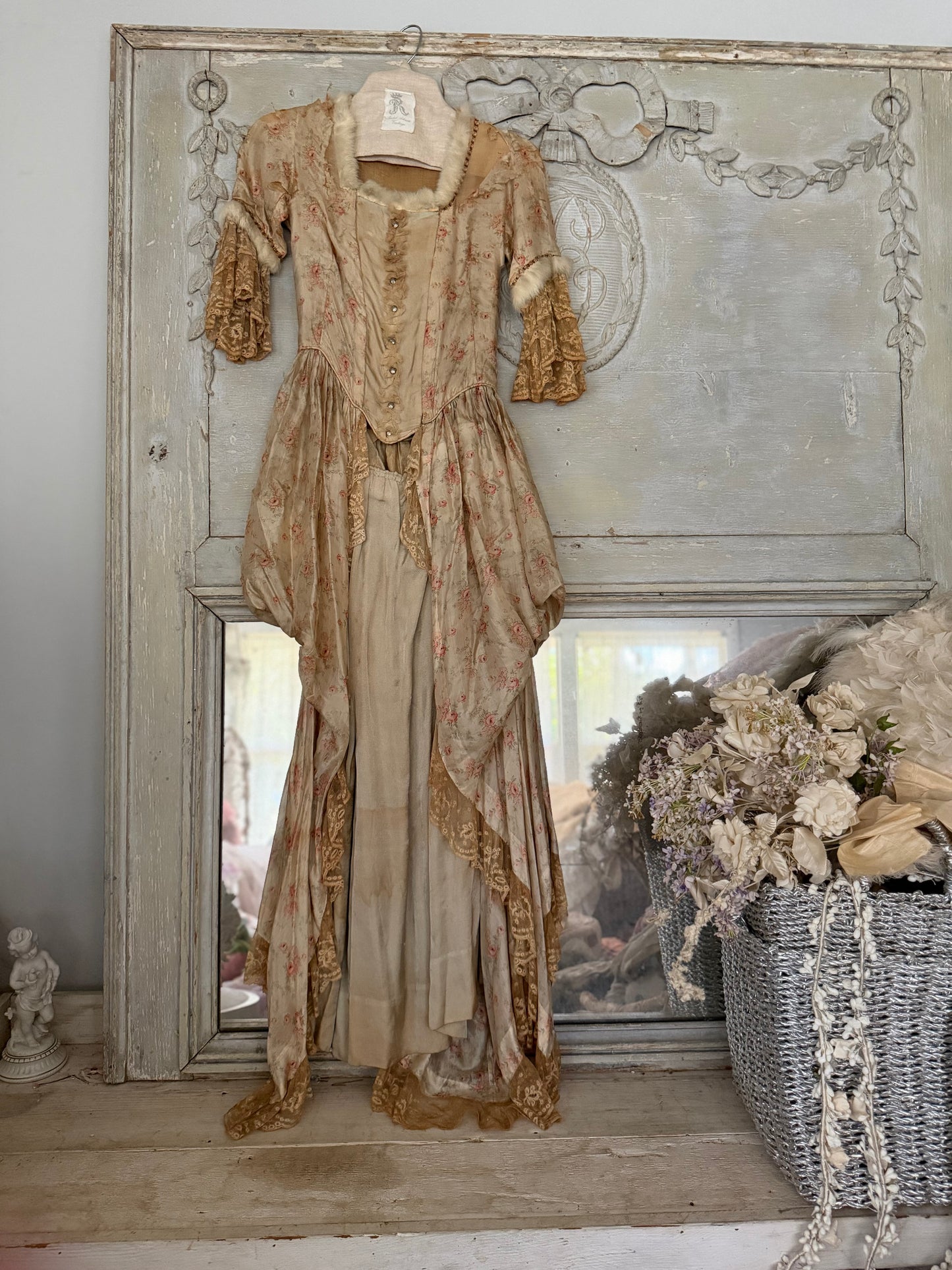 Antique Pink Rose Silk Fur Ribbonwork Lace Rococo Dress