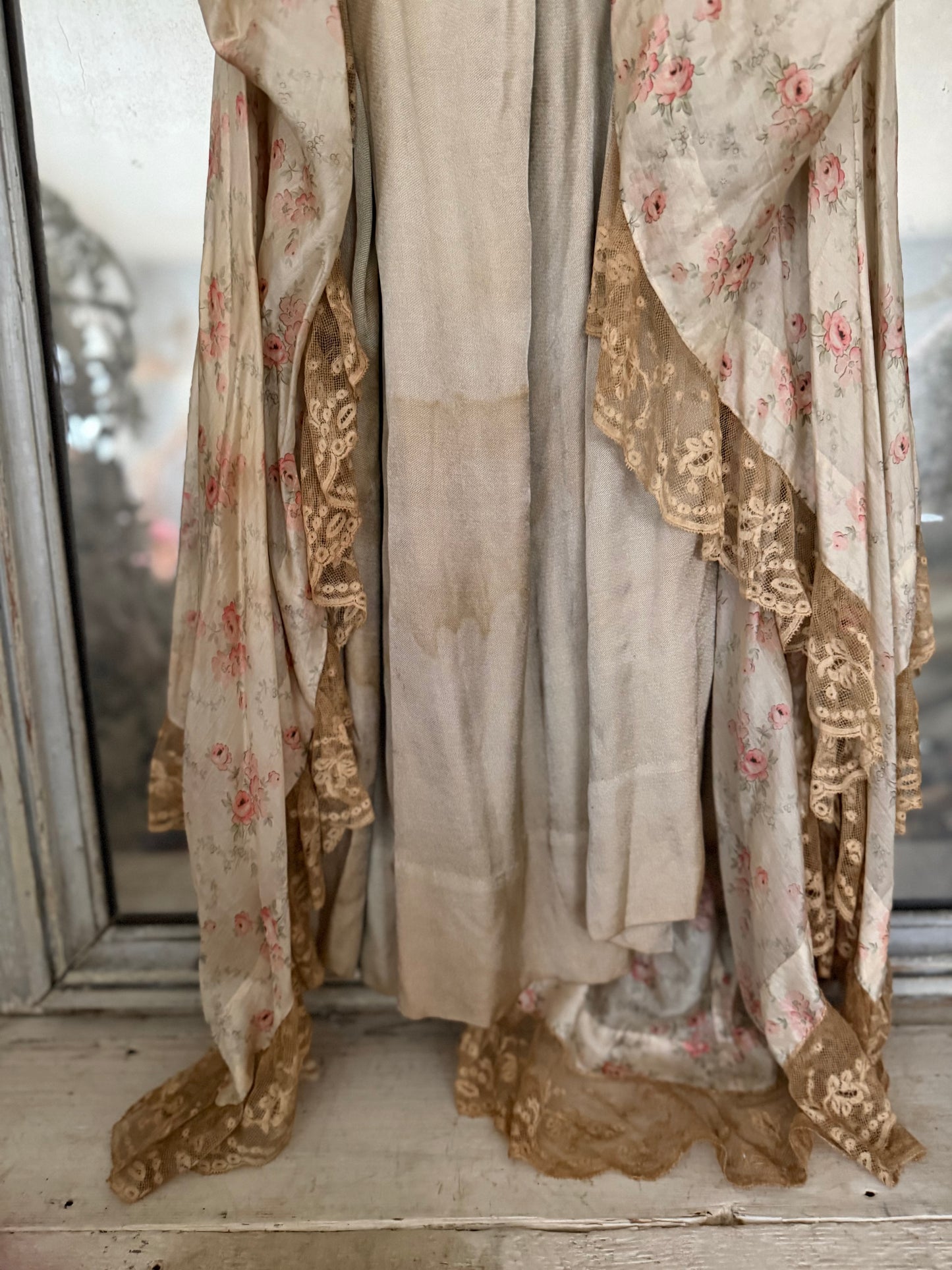 Antique Pink Rose Silk Fur Ribbonwork Lace Rococo Dress