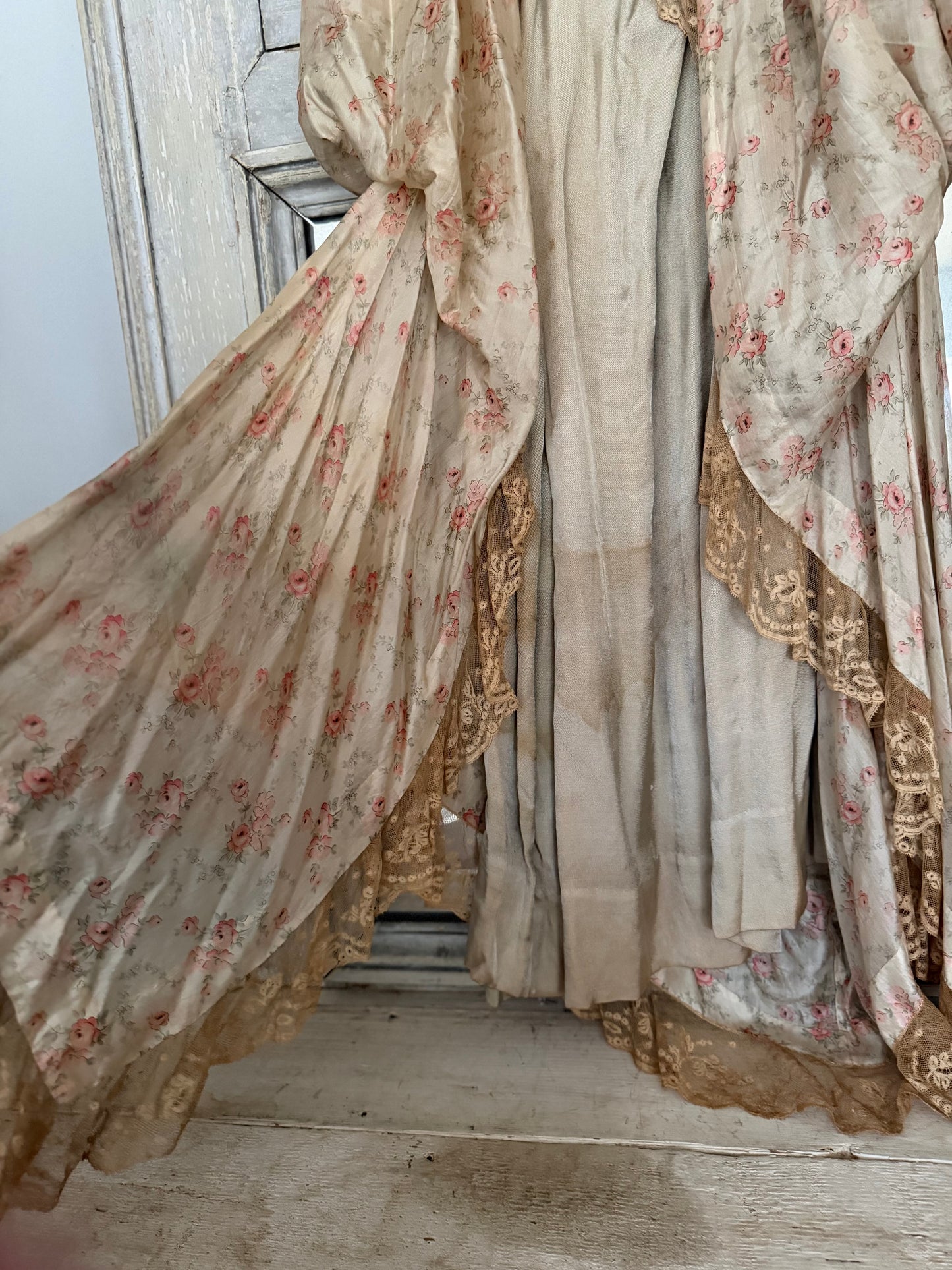 Antique Pink Rose Silk Fur Ribbonwork Lace Rococo Dress