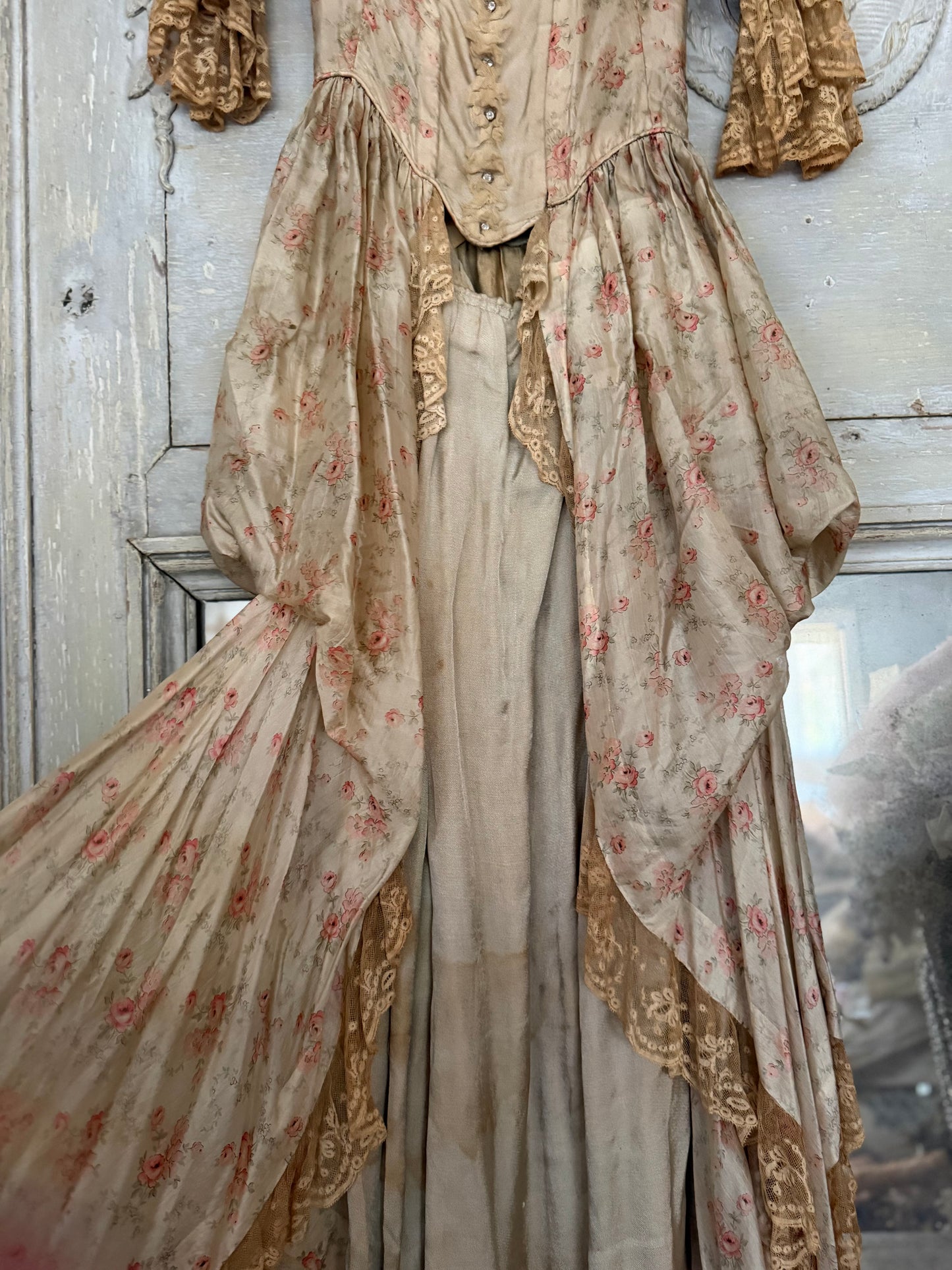 Antique Pink Rose Silk Fur Ribbonwork Lace Rococo Dress