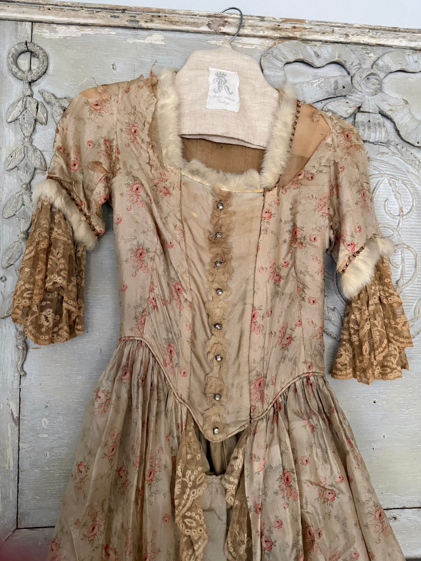 Antique Pink Rose Silk Fur Ribbonwork Lace Rococo Dress