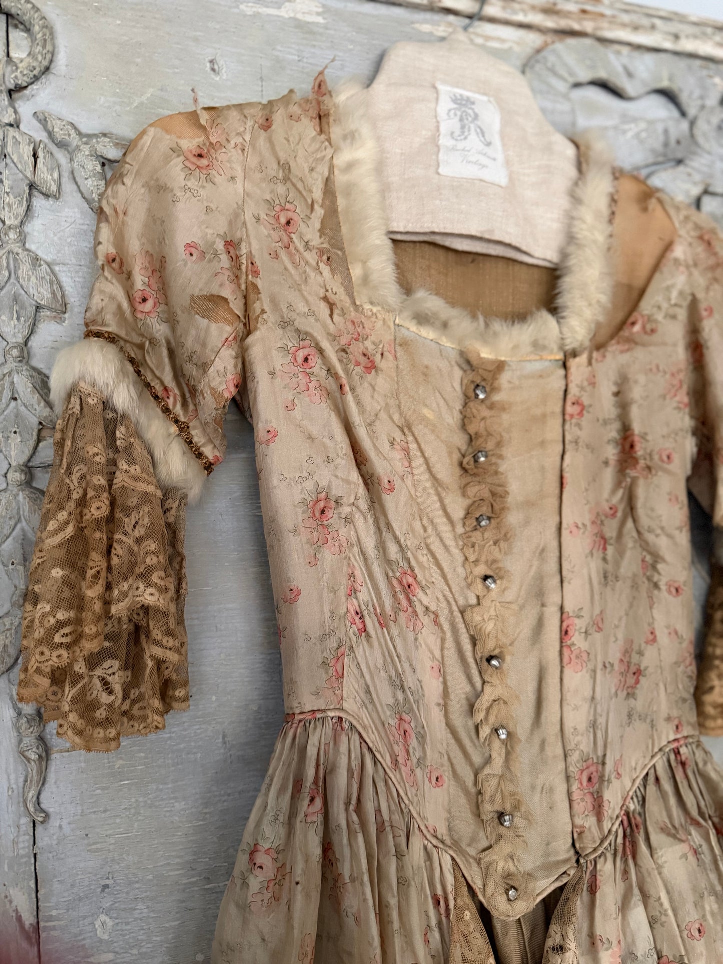 Antique Pink Rose Silk Fur Ribbonwork Lace Rococo Dress