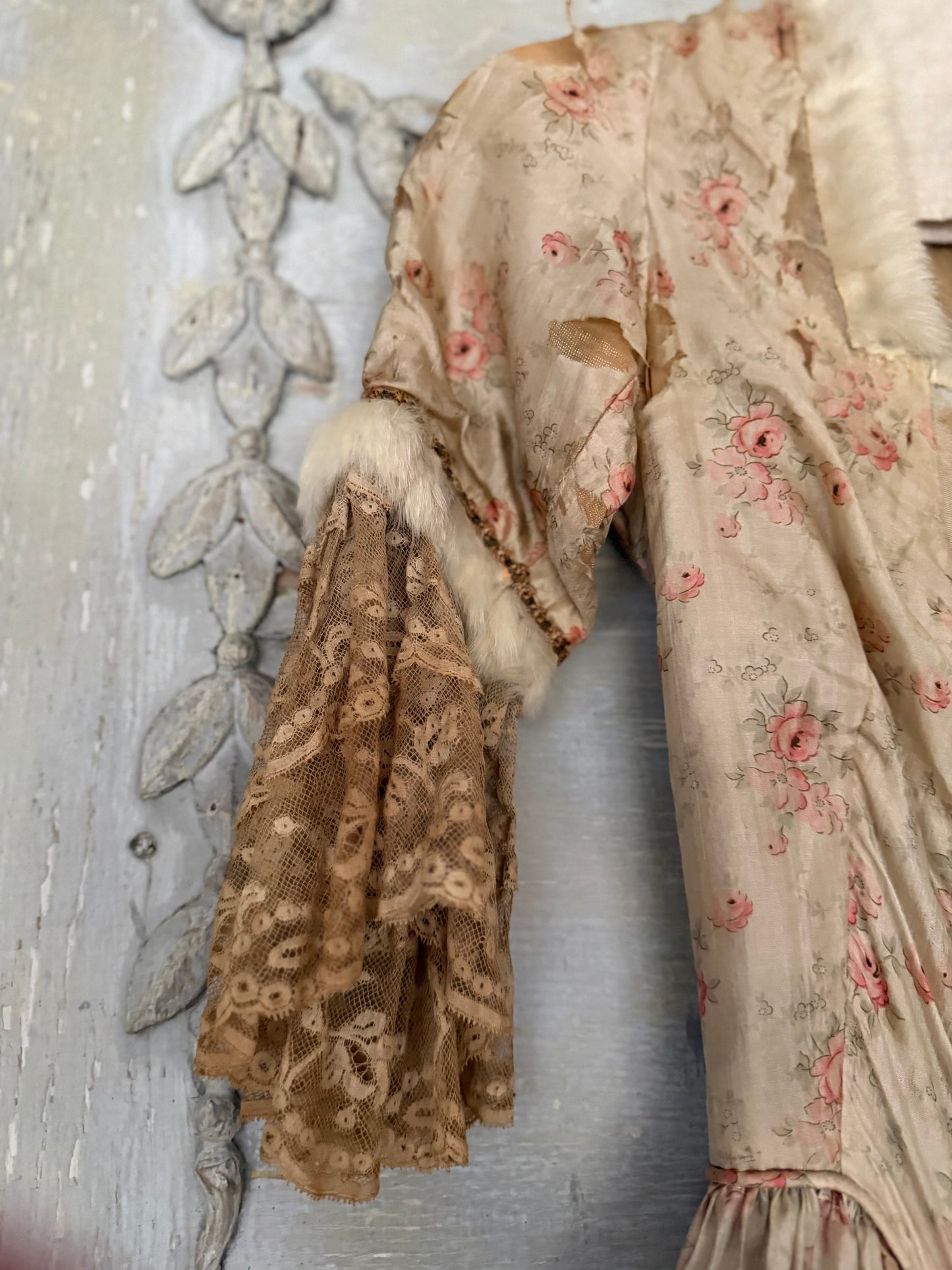 Antique Pink Rose Silk Fur Ribbonwork Lace Rococo Dress
