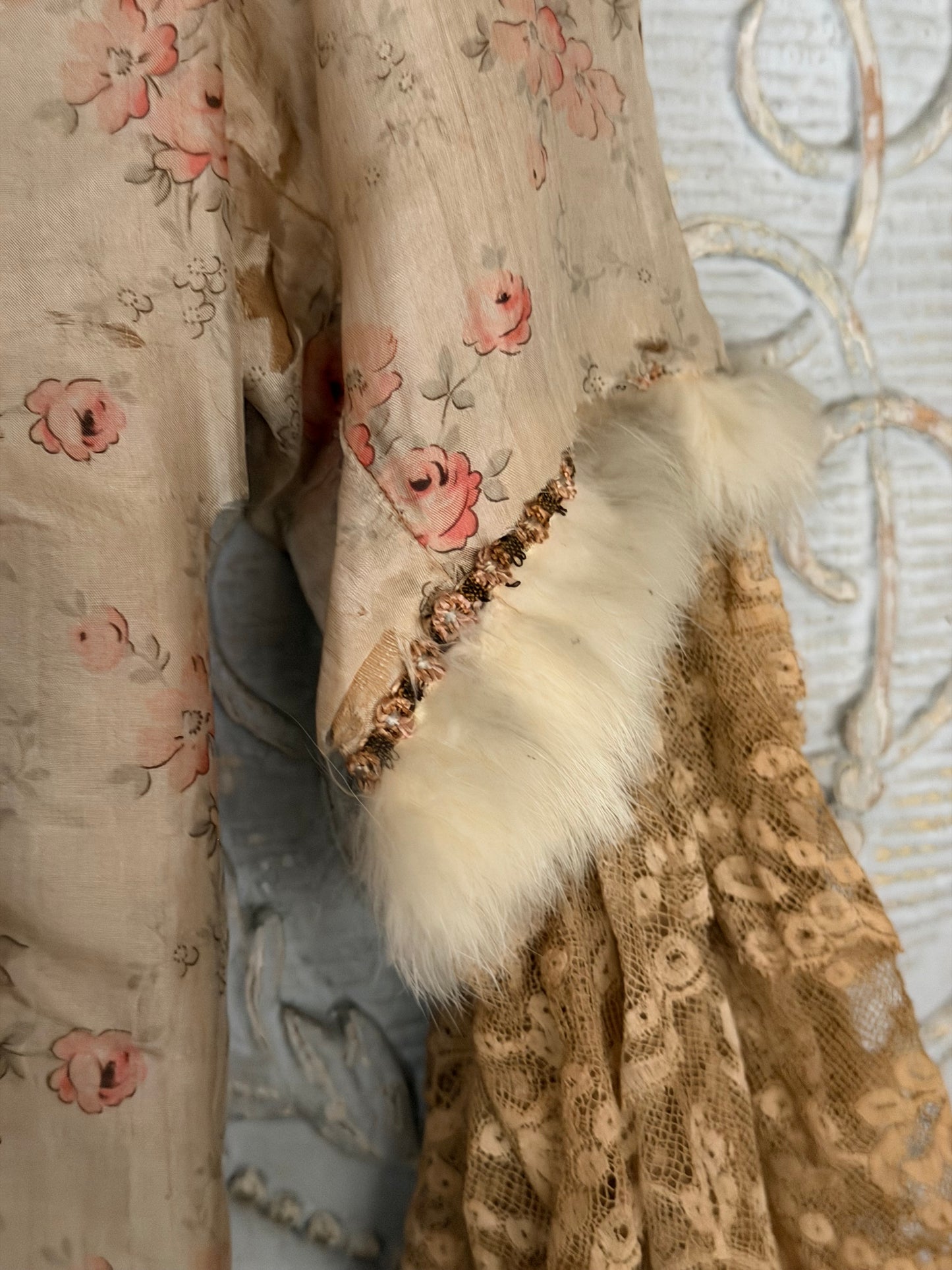 Antique Pink Rose Silk Fur Ribbonwork Lace Rococo Dress
