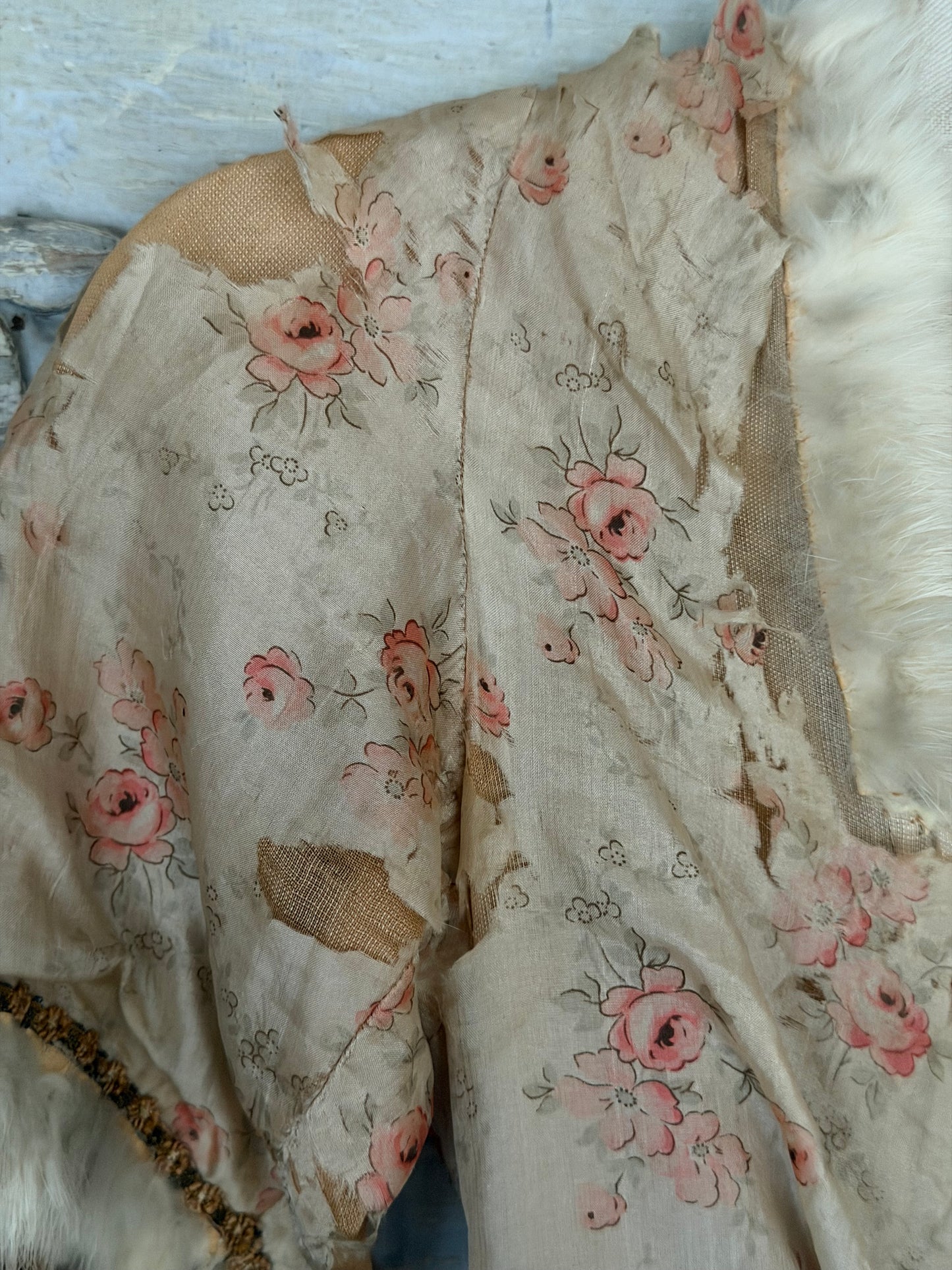 Antique Pink Rose Silk Fur Ribbonwork Lace Rococo Dress