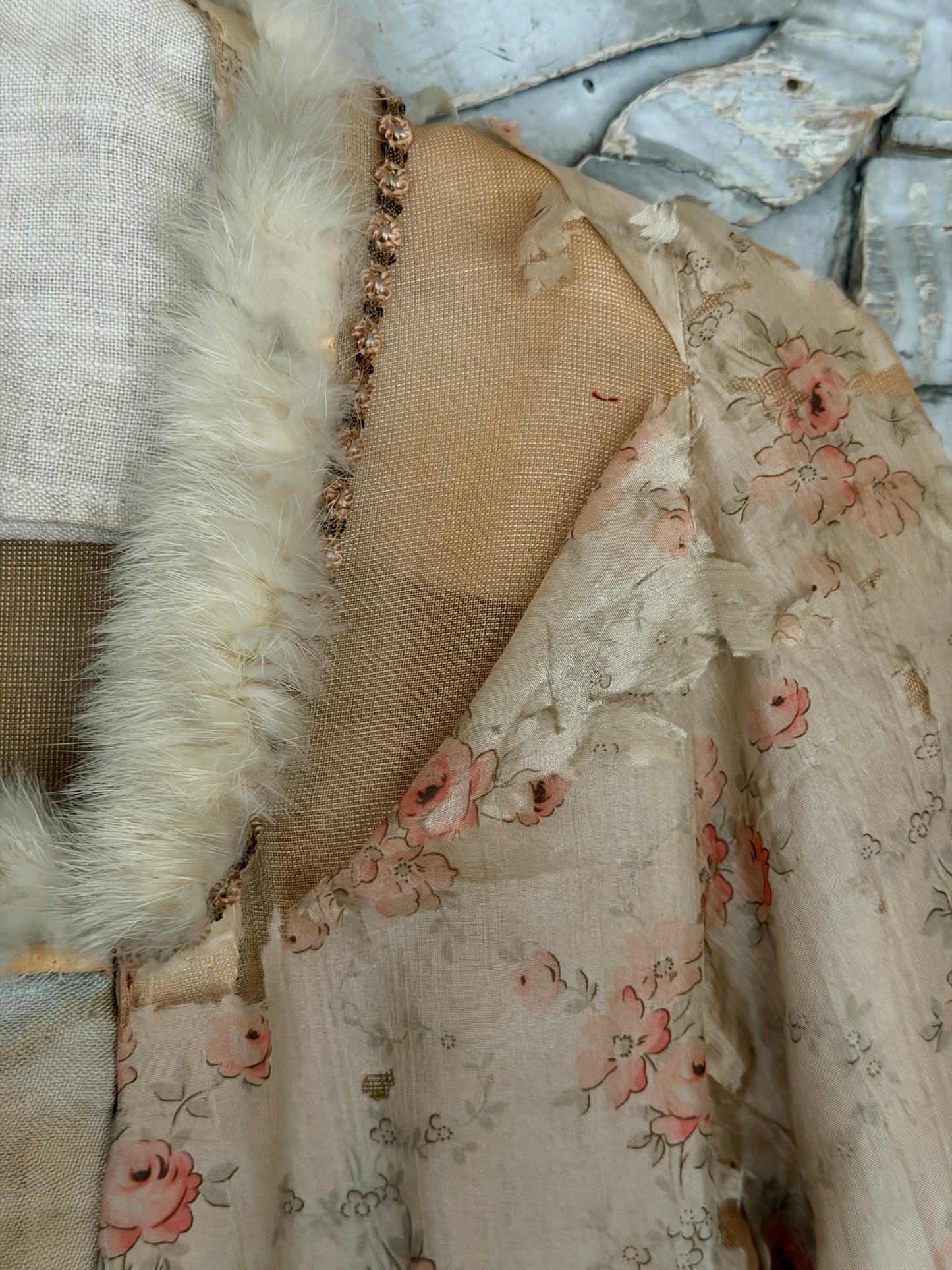 Antique Pink Rose Silk Fur Ribbonwork Lace Rococo Dress