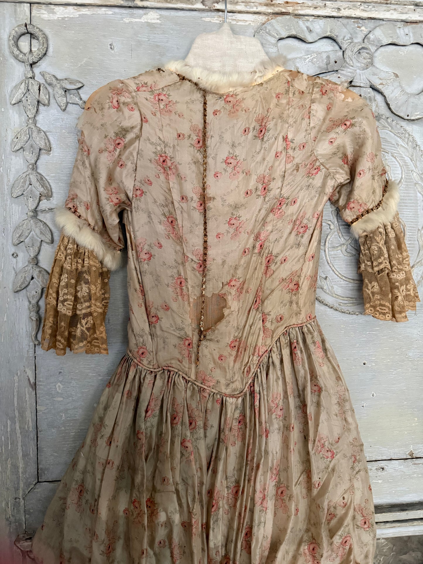 Antique Pink Rose Silk Fur Ribbonwork Lace Rococo Dress