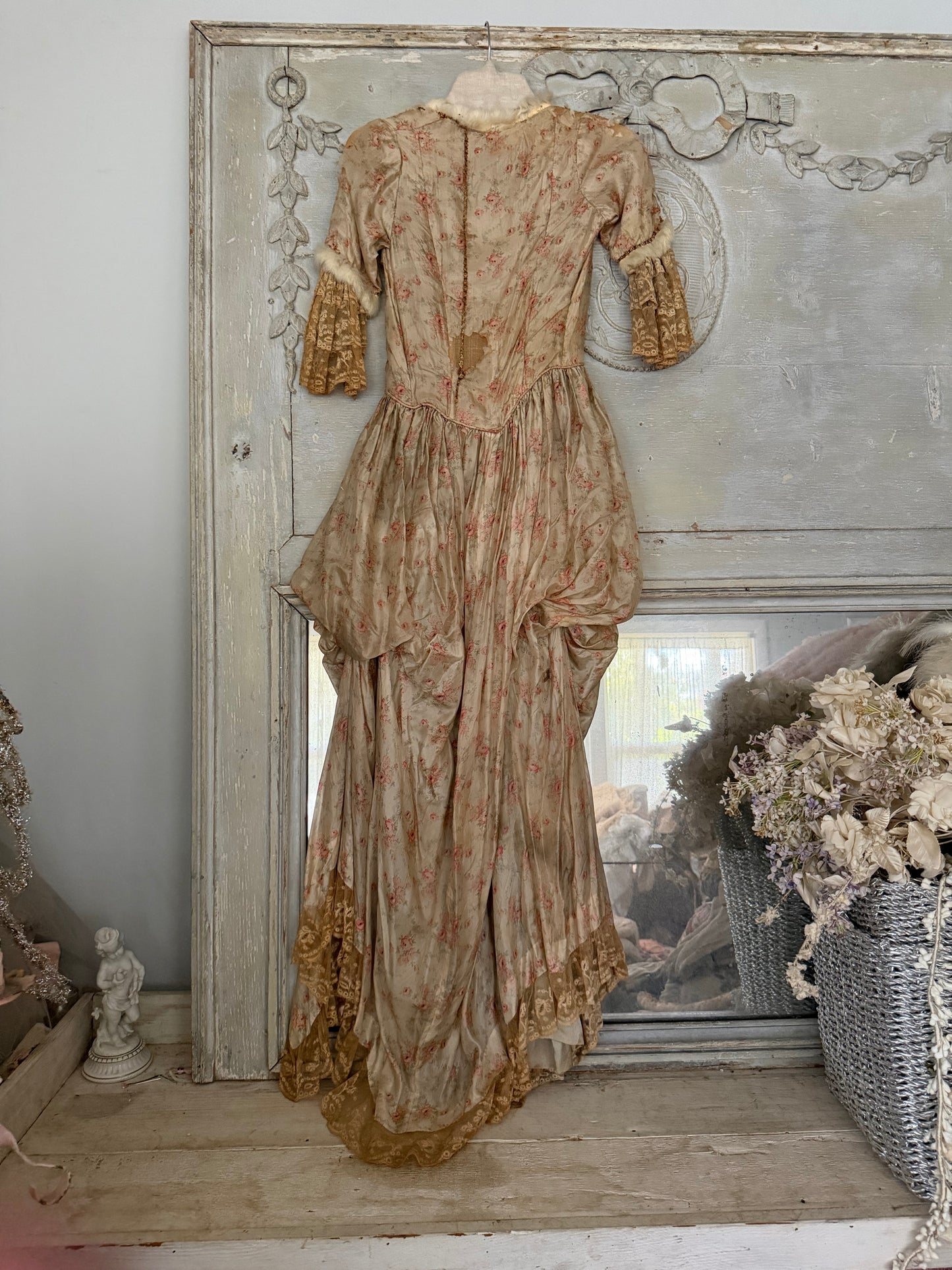 Antique Pink Rose Silk Fur Ribbonwork Lace Rococo Dress
