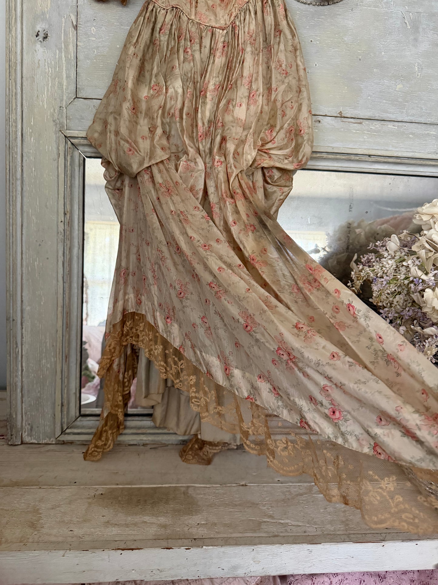 Antique Pink Rose Silk Fur Ribbonwork Lace Rococo Dress