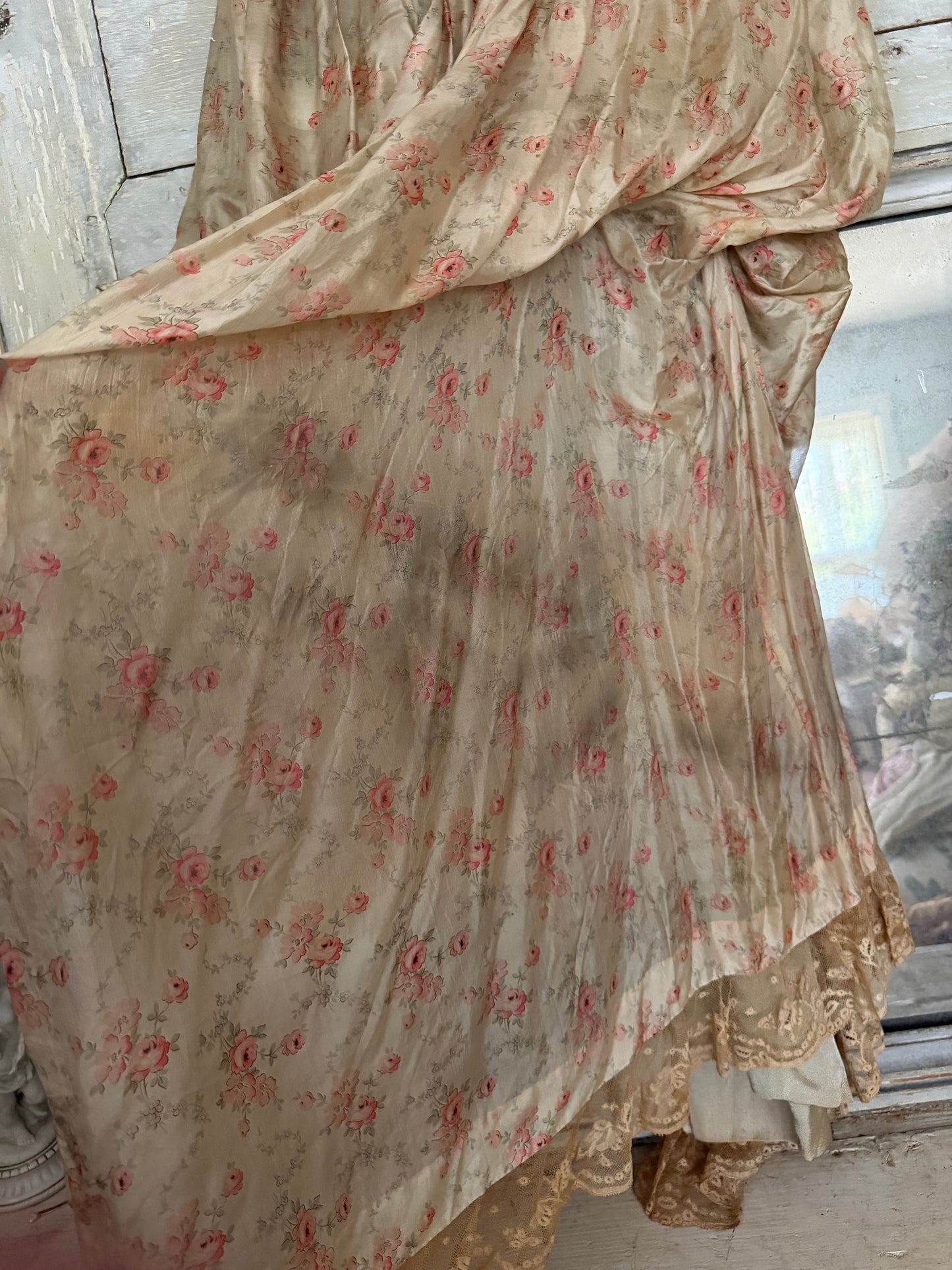 Antique Pink Rose Silk Fur Ribbonwork Lace Rococo Dress