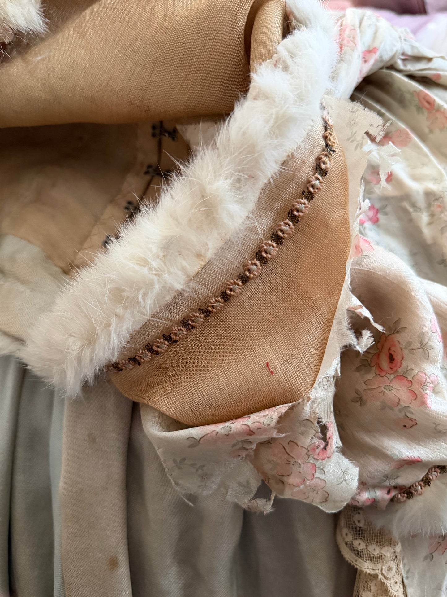 Antique Pink Rose Silk Fur Ribbonwork Lace Rococo Dress