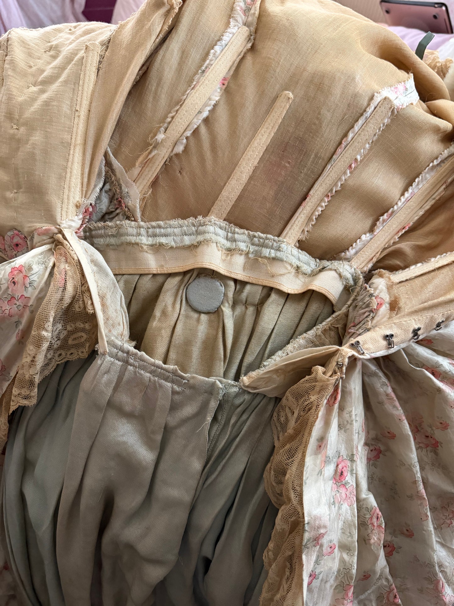 Antique Pink Rose Silk Fur Ribbonwork Lace Rococo Dress