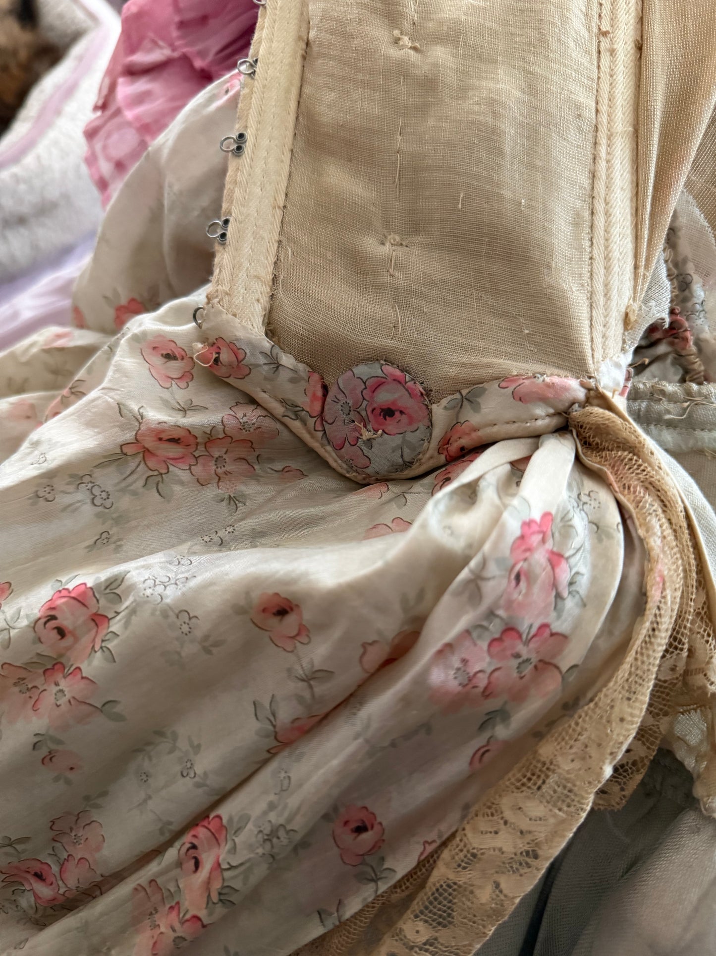 Antique Pink Rose Silk Fur Ribbonwork Lace Rococo Dress