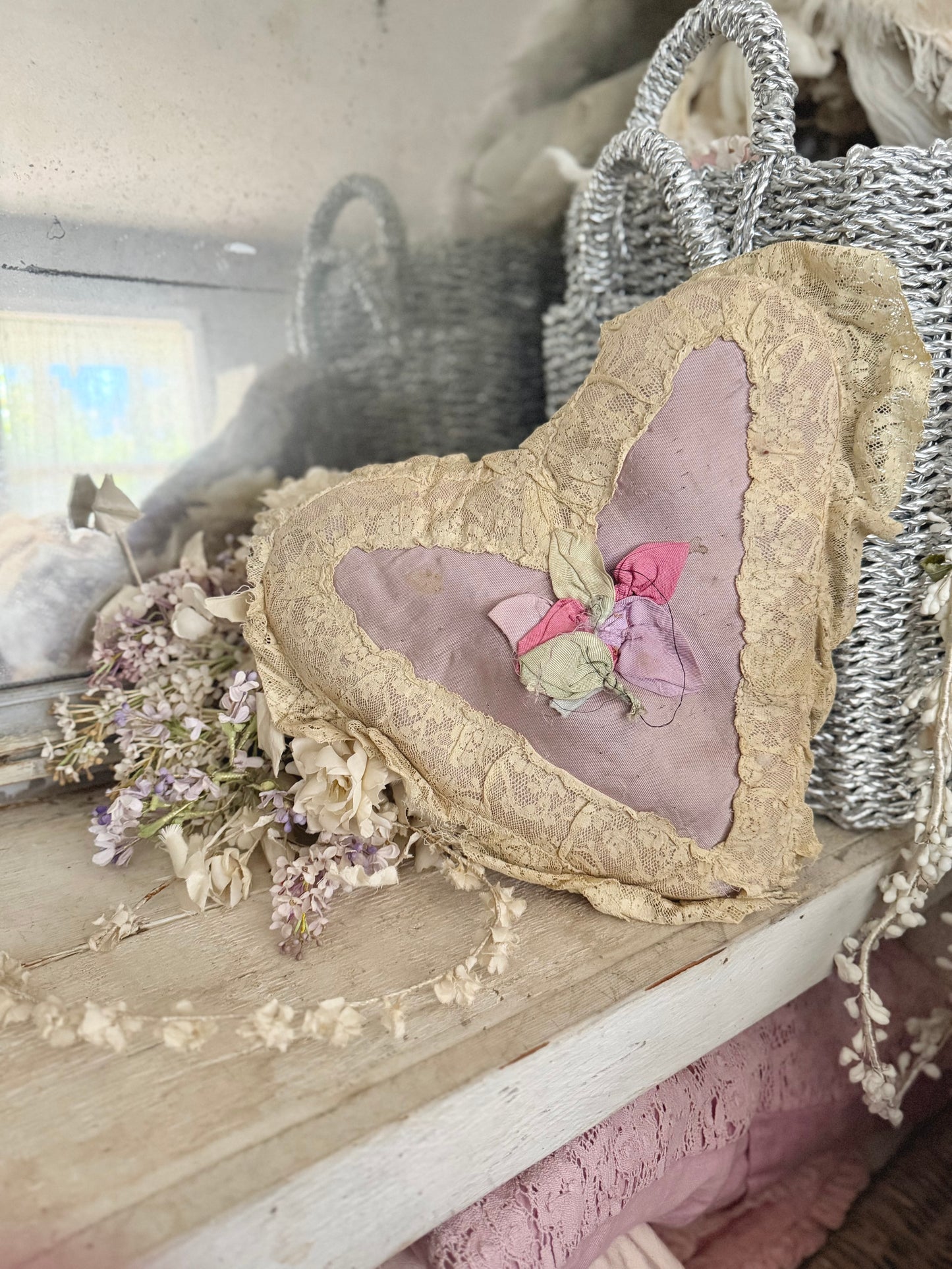 Vintage Lavender Ribbonwork Petal Lace Heart Pillow