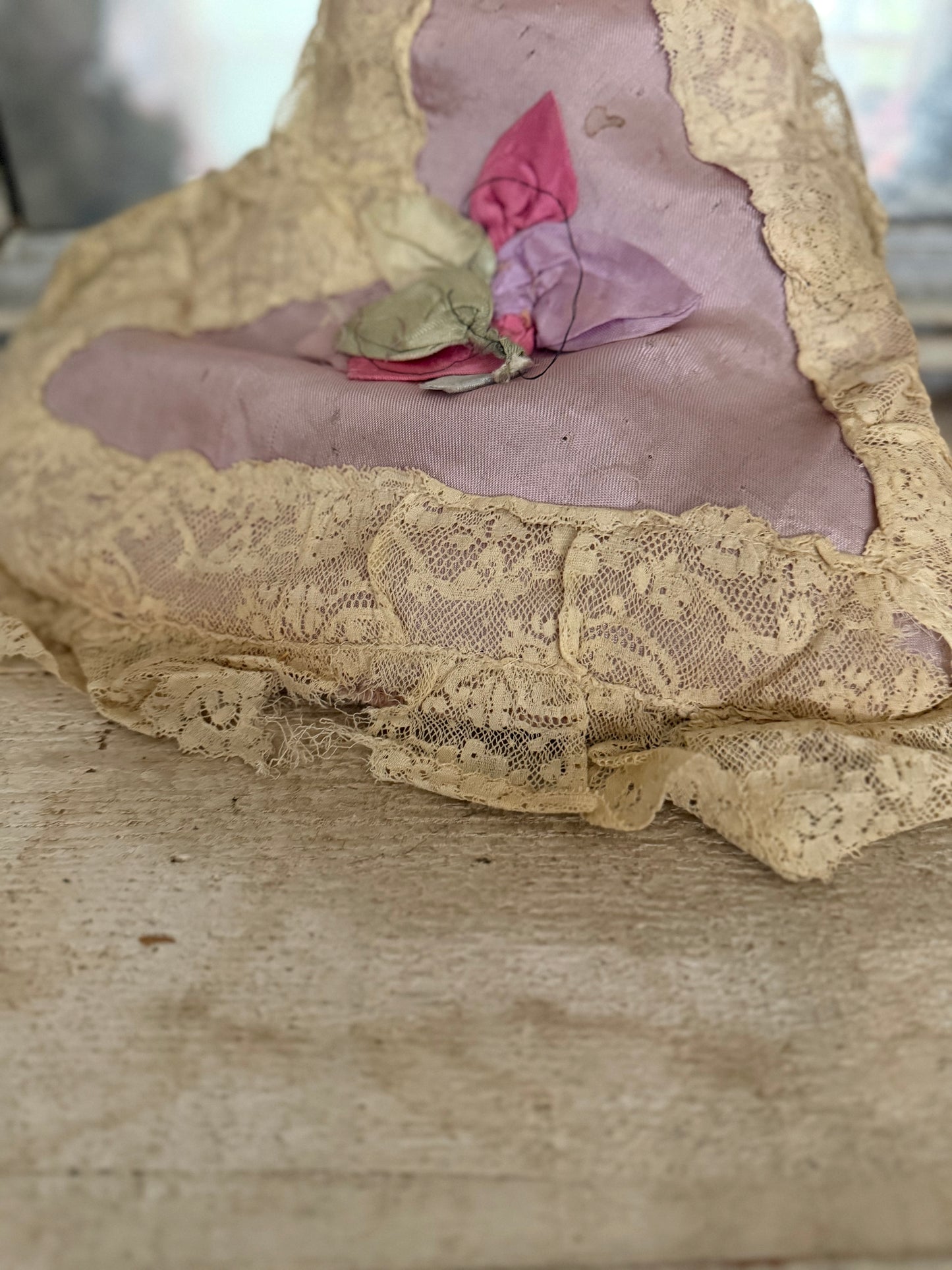 Vintage Lavender Ribbonwork Petal Lace Heart Pillow