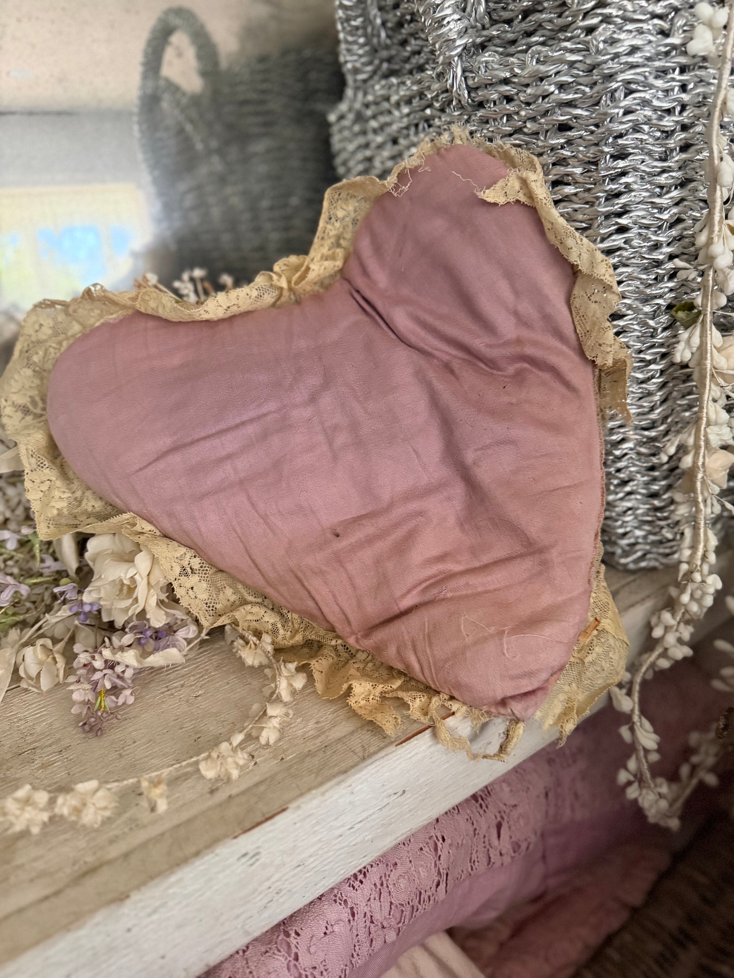 Vintage Lavender Ribbonwork Petal Lace Heart Pillow