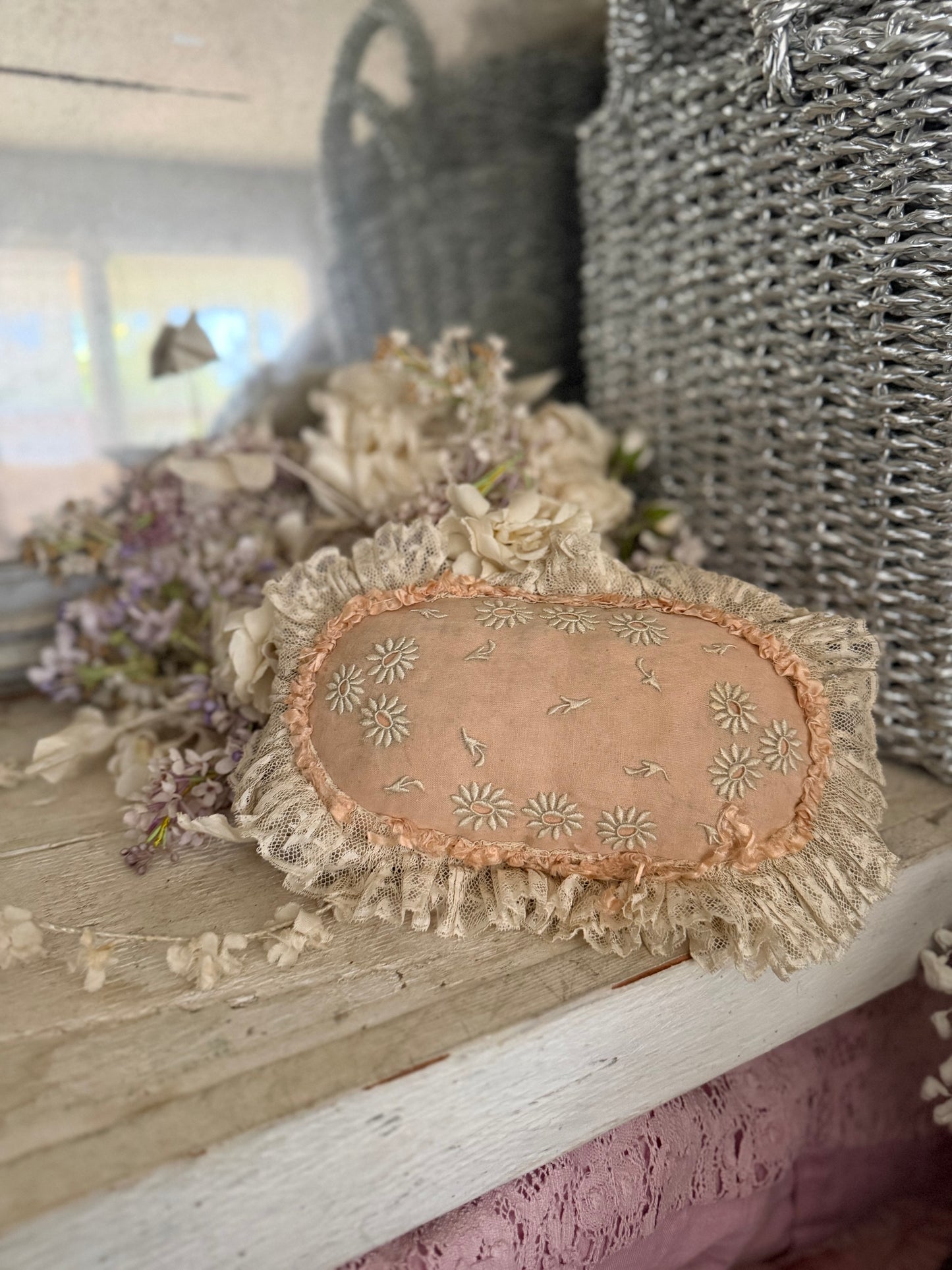 Stunning Antique Pink Peach Embroidered Lace Cushion