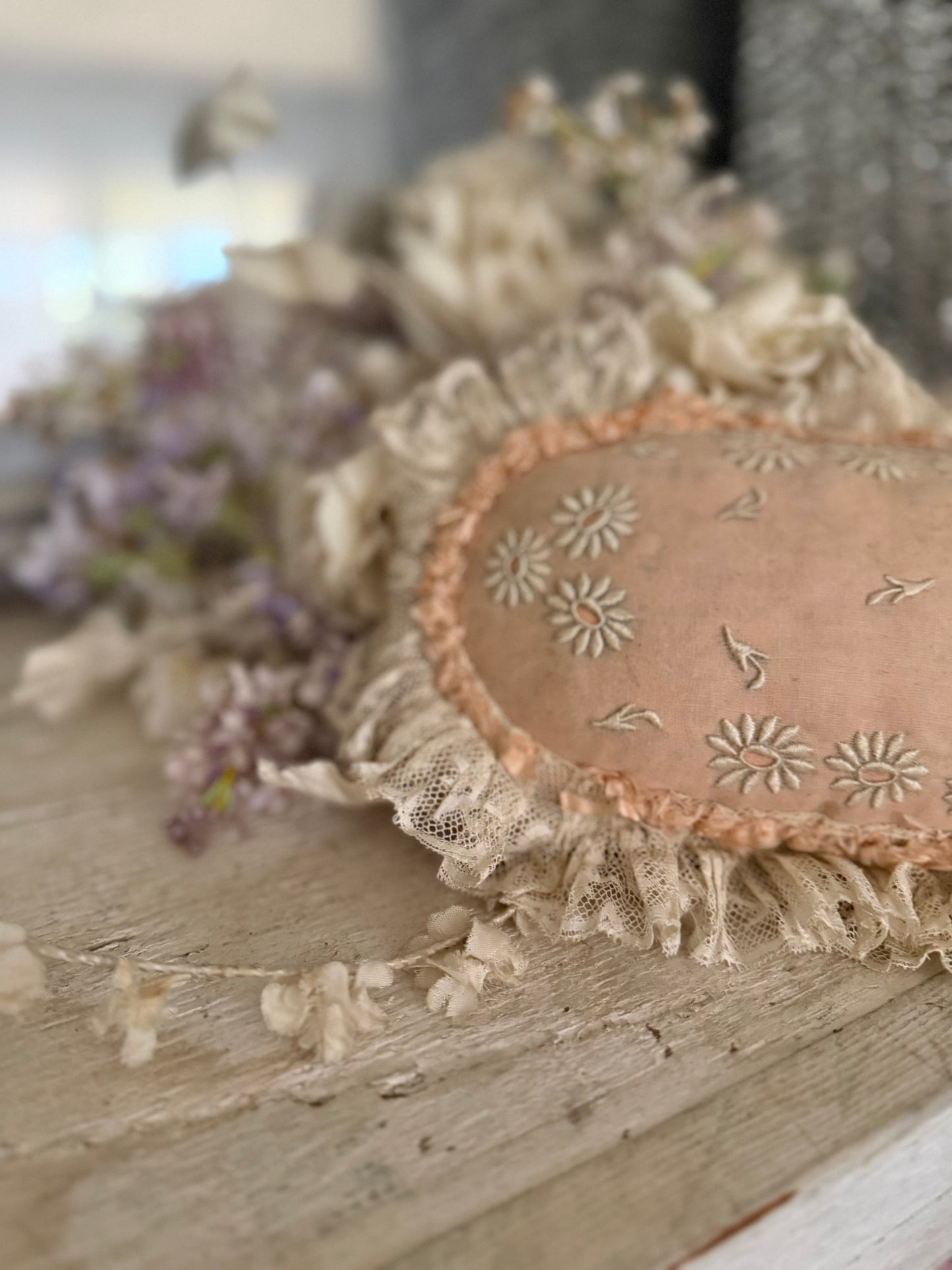 Stunning Antique Pink Peach Embroidered Lace Cushion