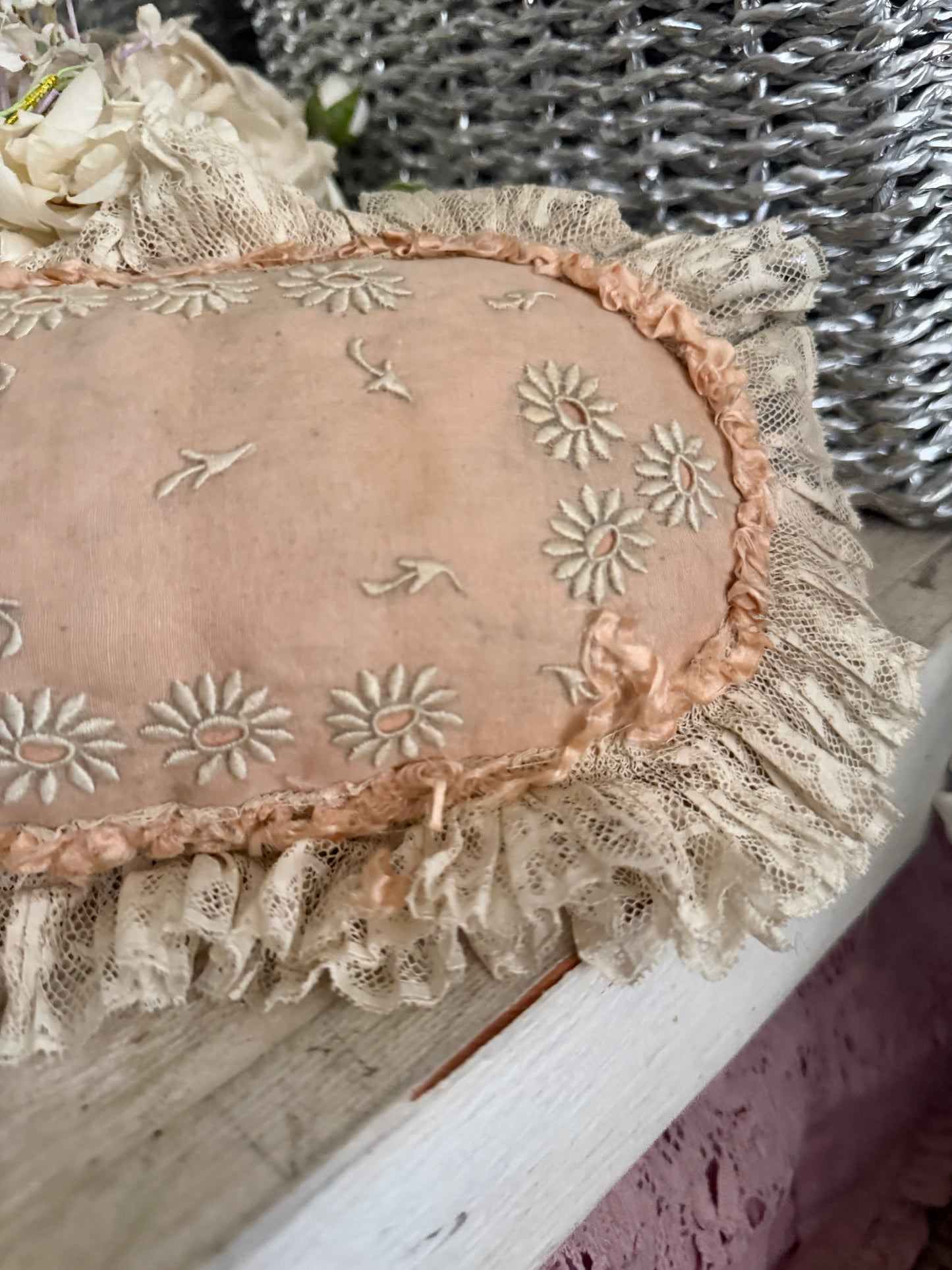 Stunning Antique Pink Peach Embroidered Lace Cushion