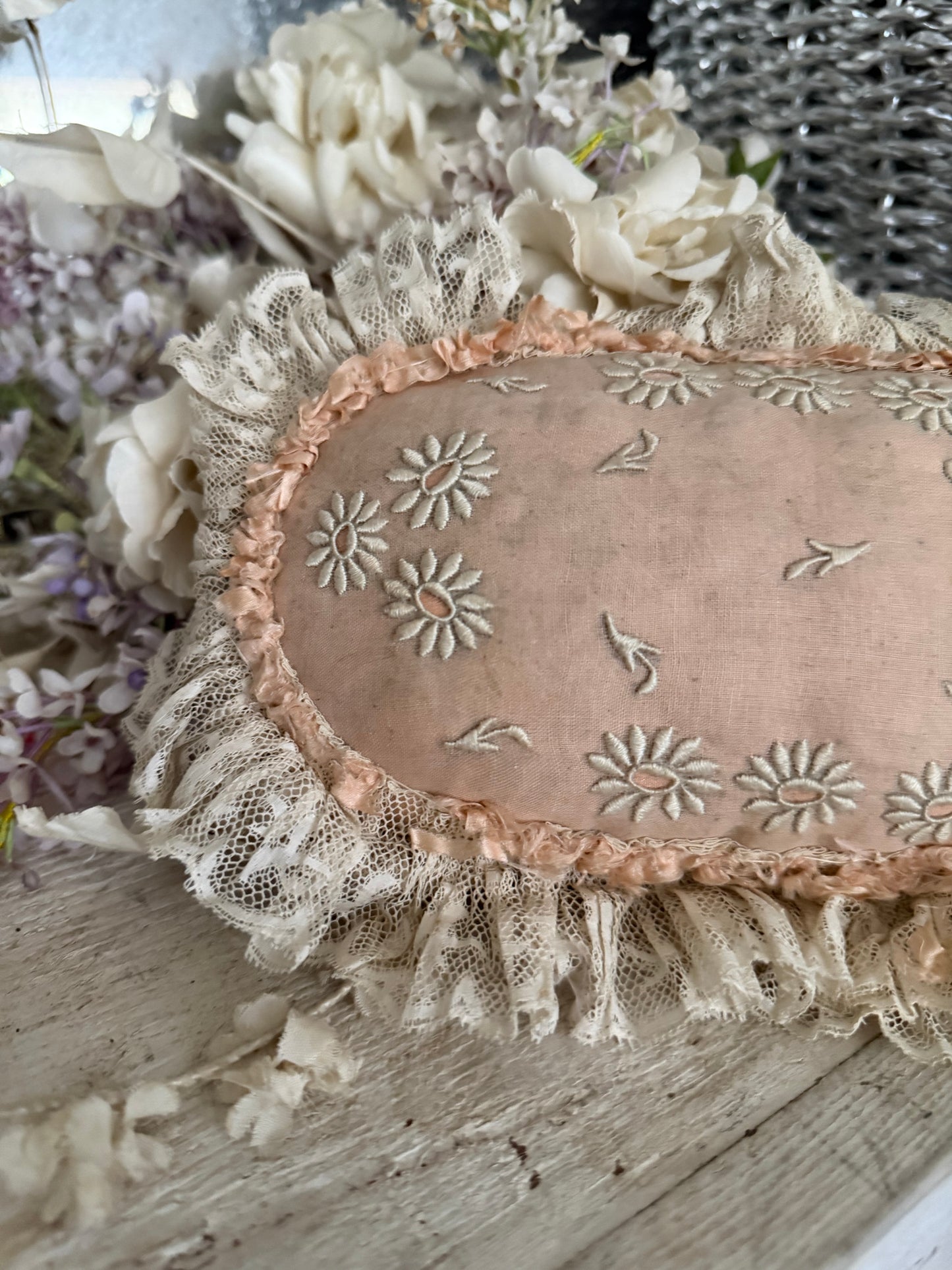 Stunning Antique Pink Peach Embroidered Lace Cushion
