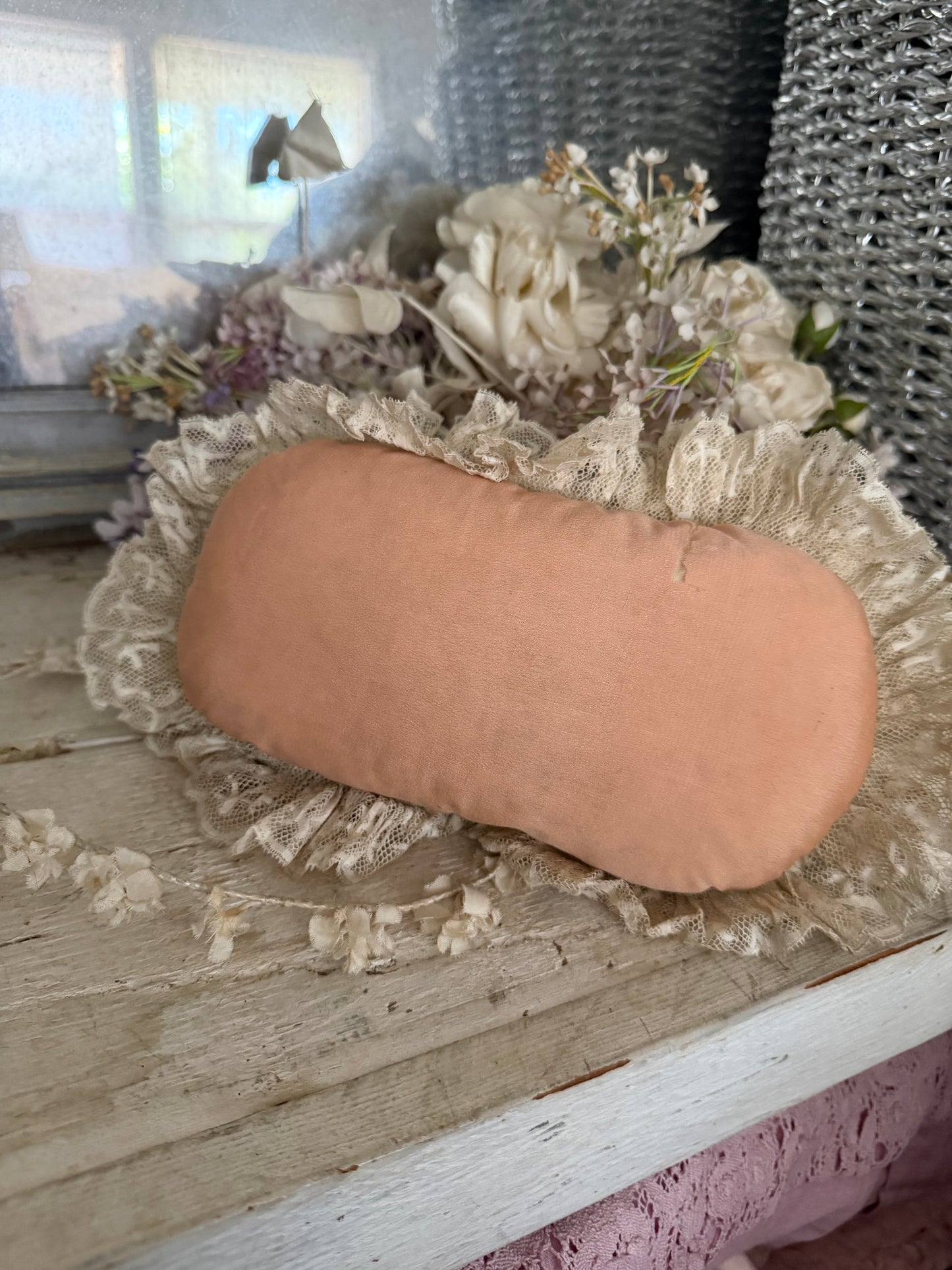 Stunning Antique Pink Peach Embroidered Lace Cushion