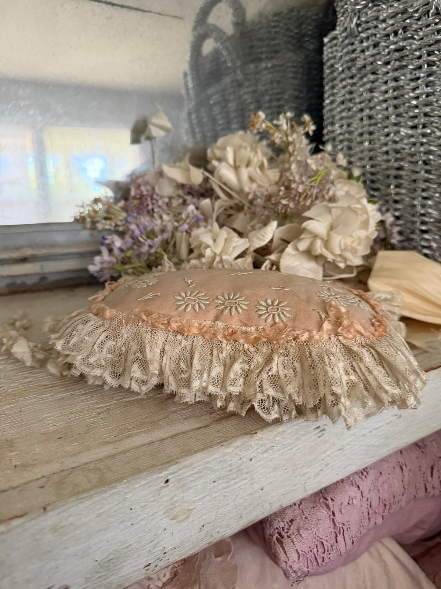 Stunning Antique Pink Peach Embroidered Lace Cushion