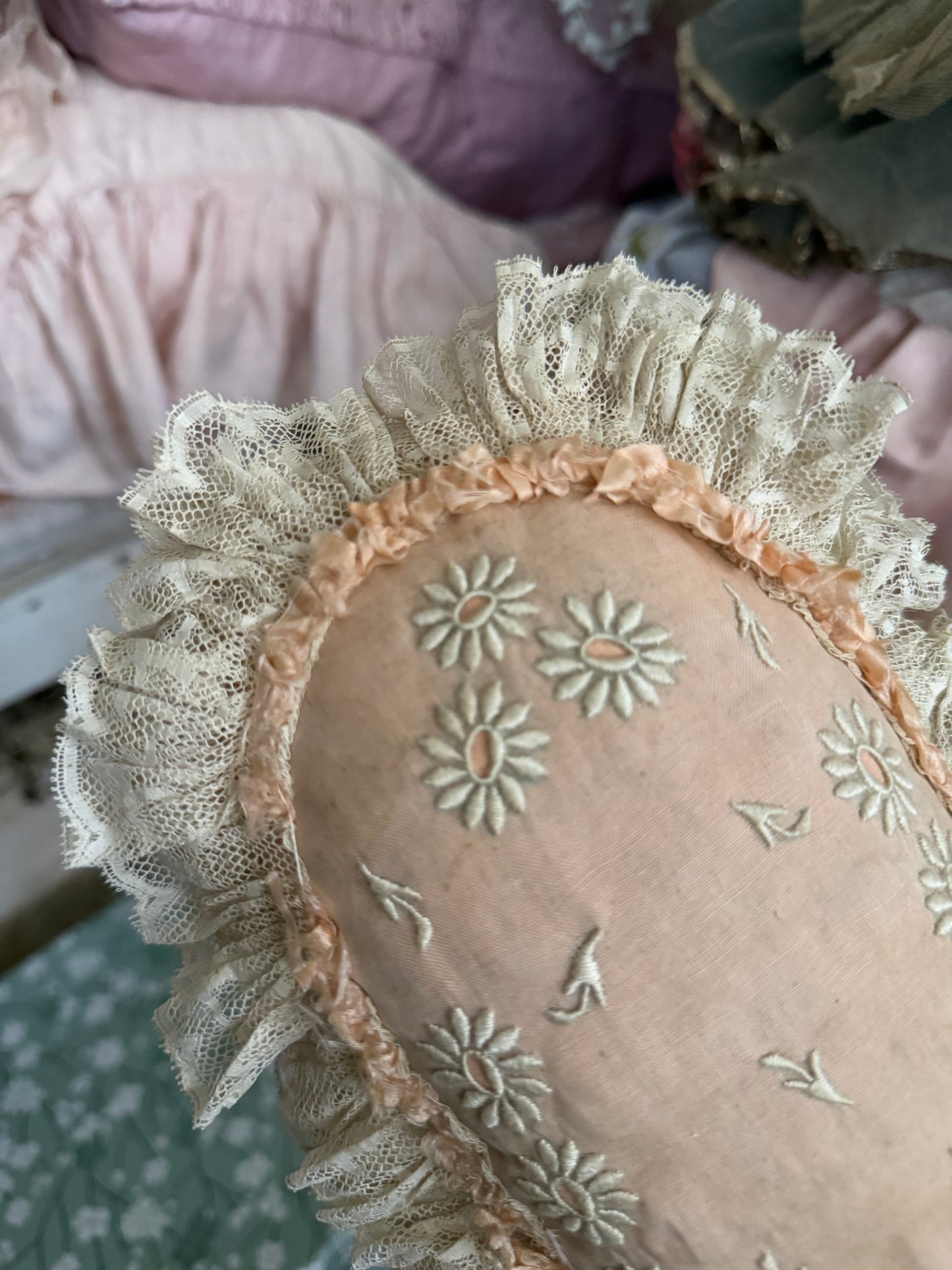 Stunning Antique Pink Peach Embroidered Lace Cushion
