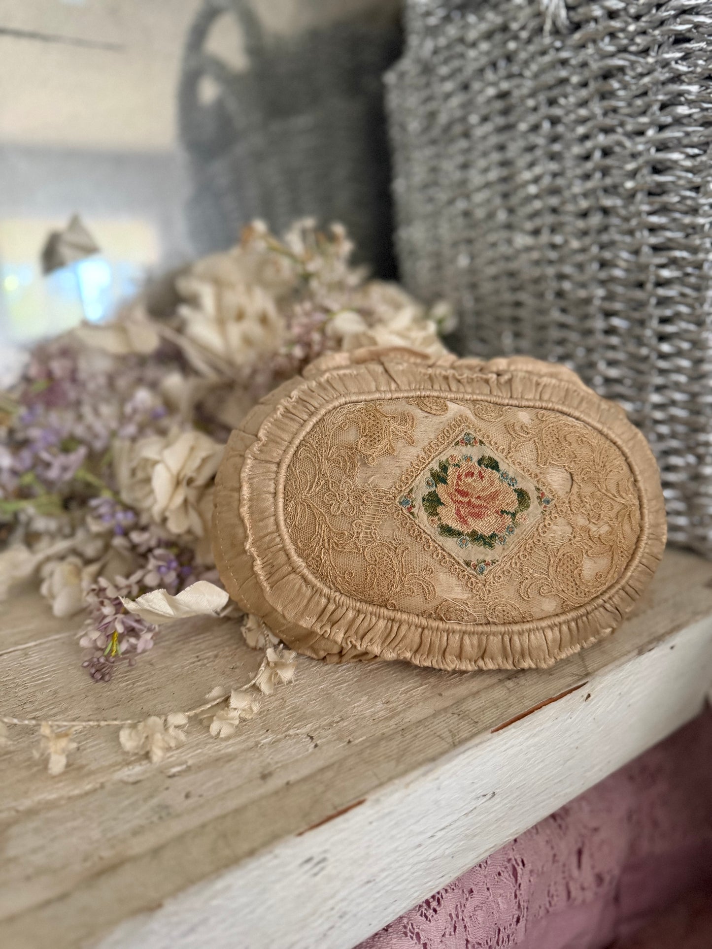 Stunning Antique Petite Rose Needlepoint Faded Pink Ruched Cushion