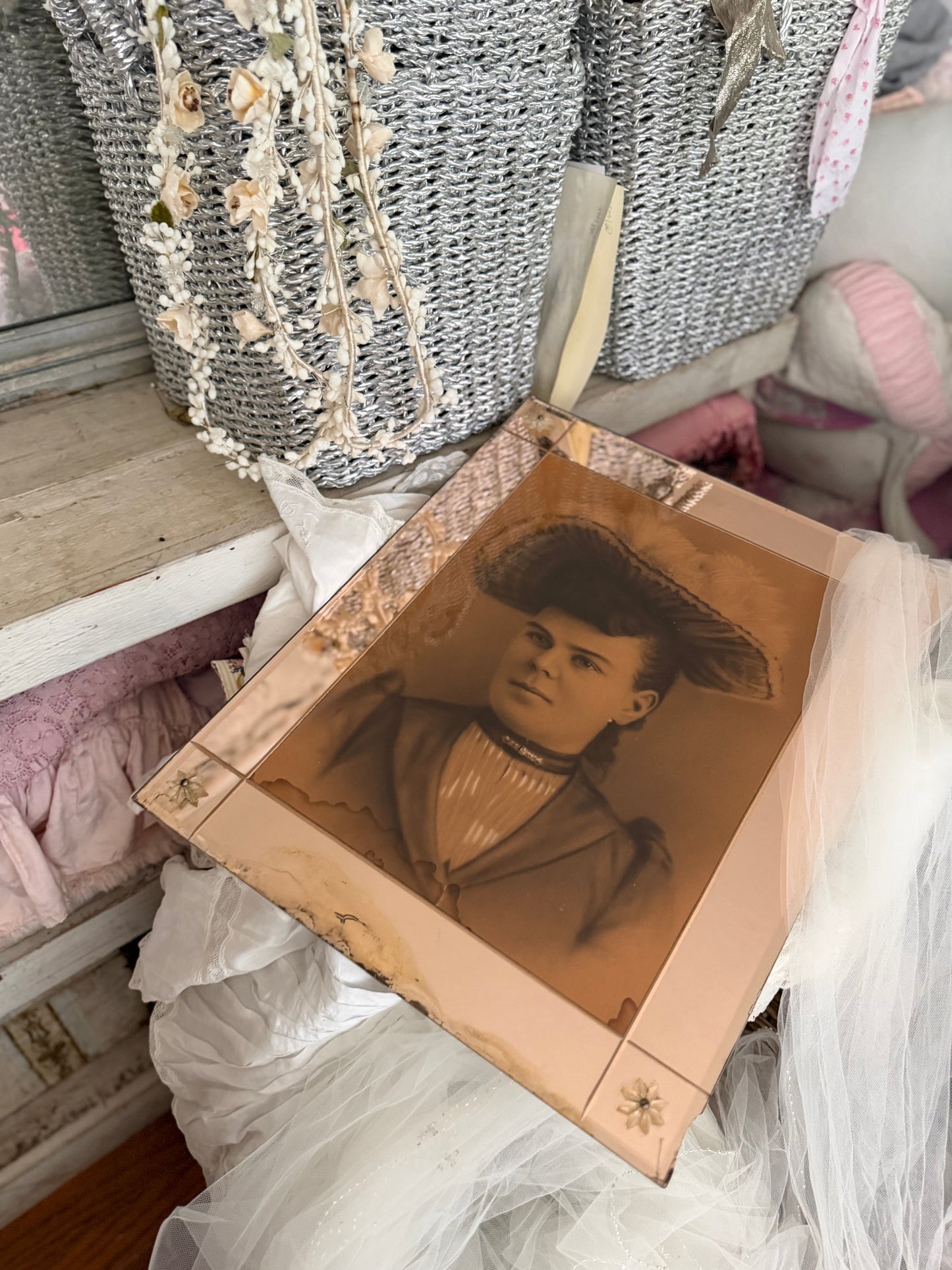 RARE Antique Pink Glass Frame Victorian Portrait