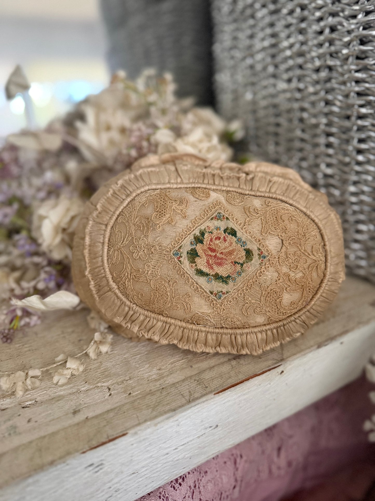Stunning Antique Petite Rose Needlepoint Faded Pink Ruched Cushion