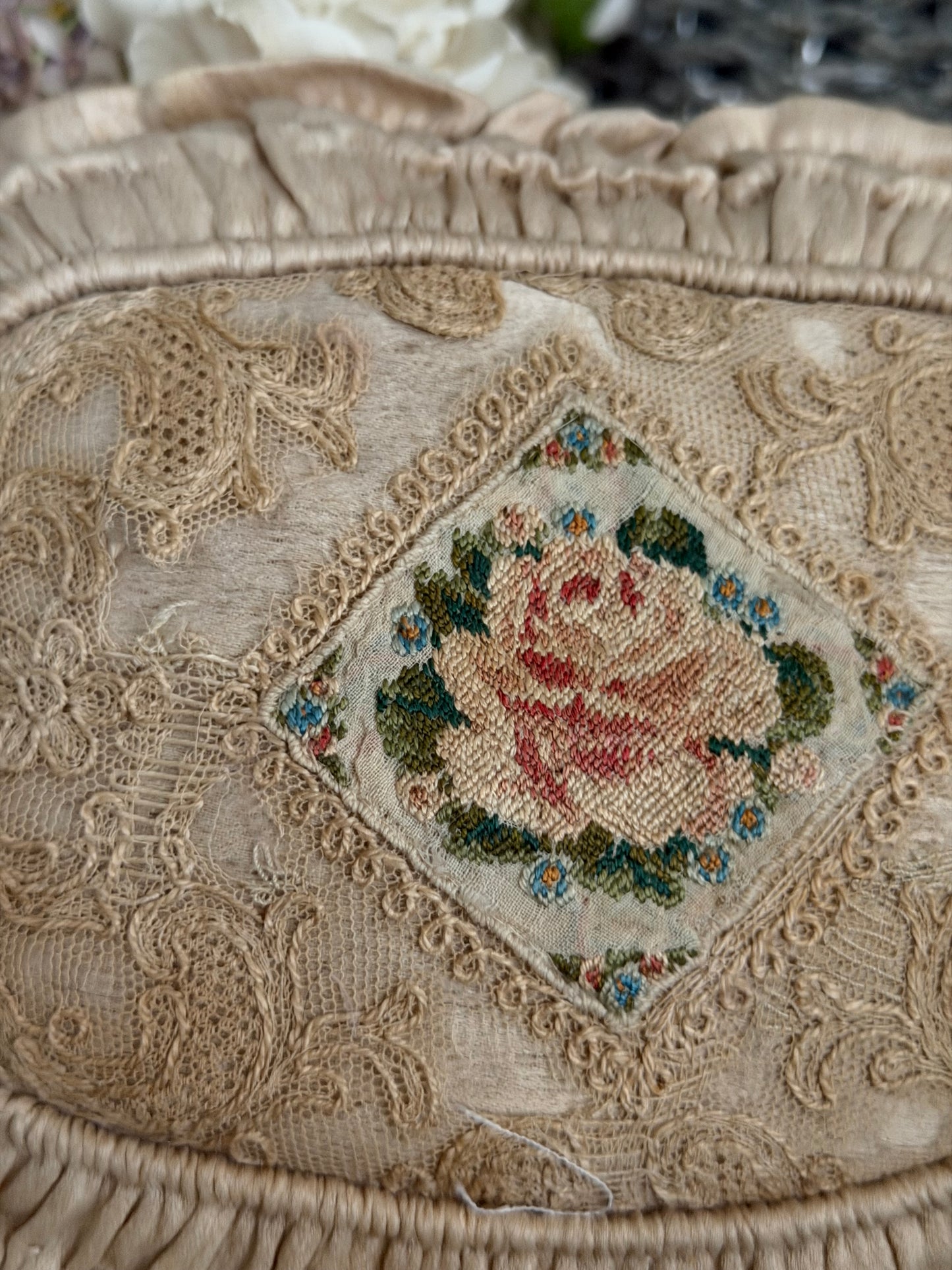 Stunning Antique Petite Rose Needlepoint Faded Pink Ruched Cushion