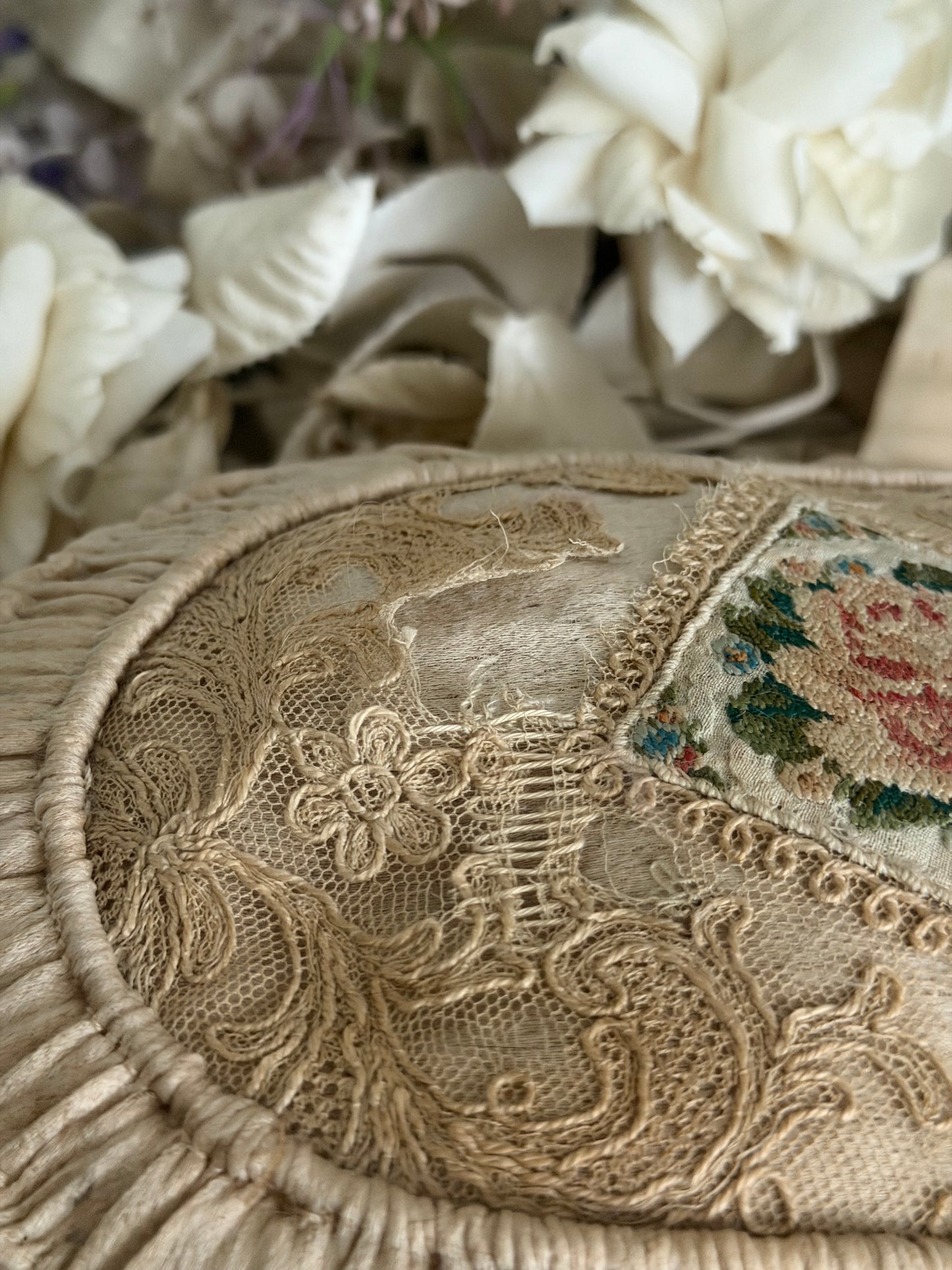 Stunning Antique Petite Rose Needlepoint Faded Pink Ruched Cushion