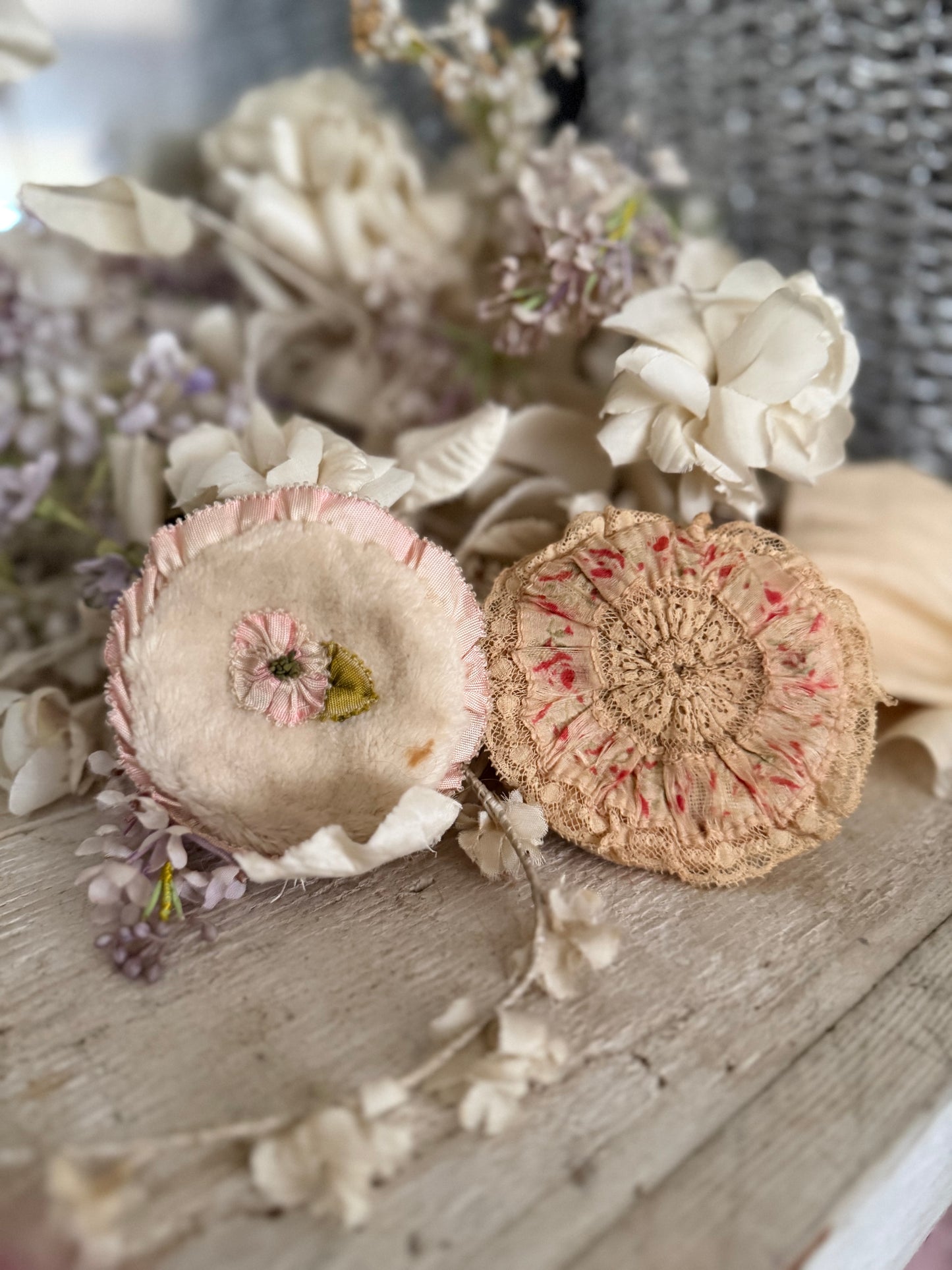 Pair Antique Ribbonwork Silk Powder Puffs