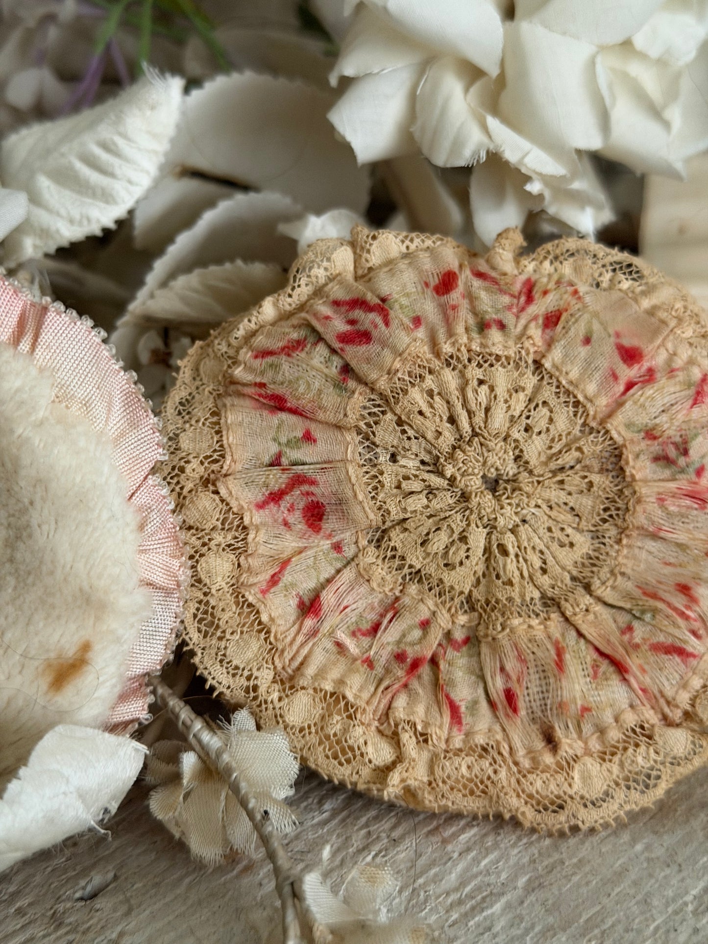 Pair Antique Ribbonwork Silk Powder Puffs